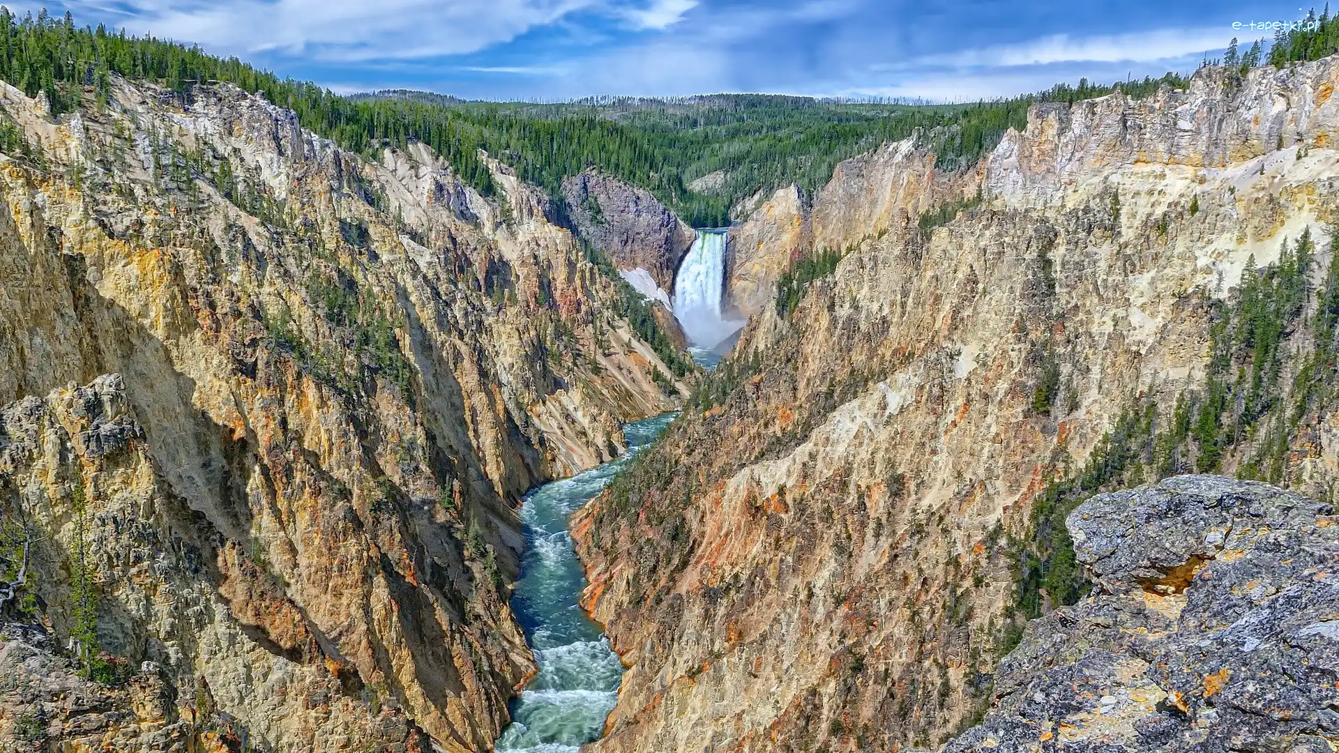 Park Narodowy Yellowstone, Skały, Stany Zjednoczone, Wielki Kanion Yellowstone, Lower Yellowstone River Falls, Rzeka Yellowstone, Drzewa, Góry, Wodospad, Stan Wyoming