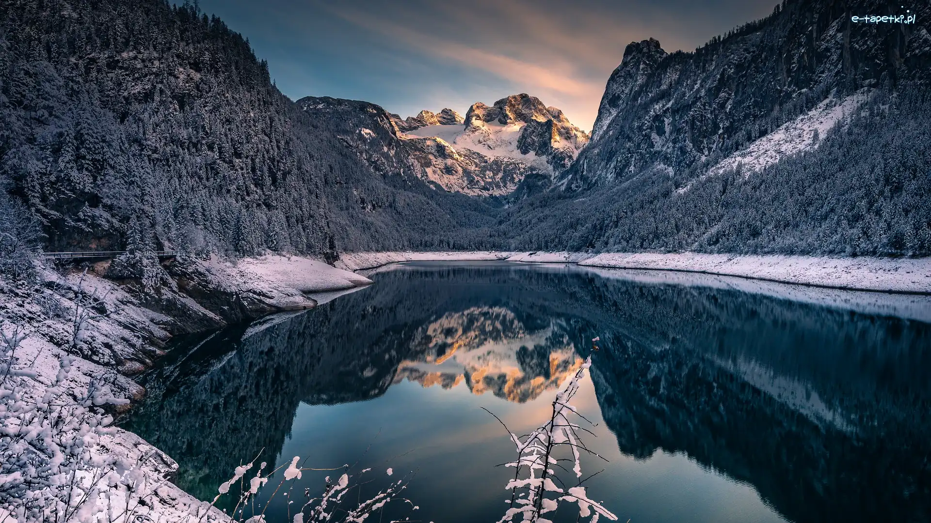 Lasy, Jezioro Gosauseen, Austria, Gosau, Zima, Drzewa, Powiat Gmunden, Góry Dachstein