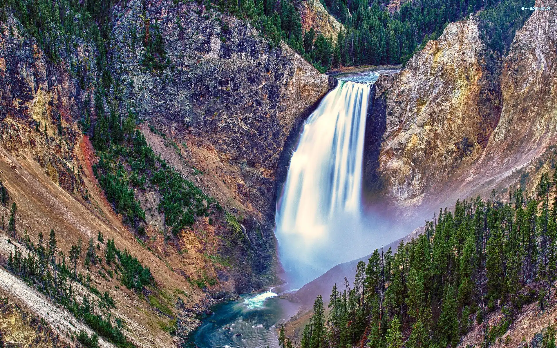 Park Narodowy Yellowstone, Rzeka Yellowstone, Wodospad, Górny, Skały, Stany Zjednoczone, Stan Wyoming, Upper Yellowstone River Falls, Drzewa
