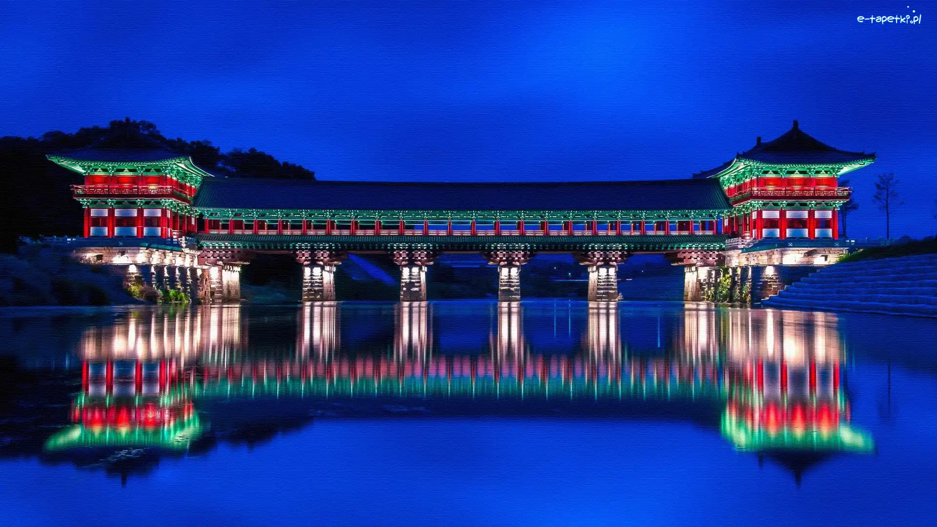 Gyeongju, Światła, Odbicie, Korea Południowa, Woljeonggyo Bridge, Most