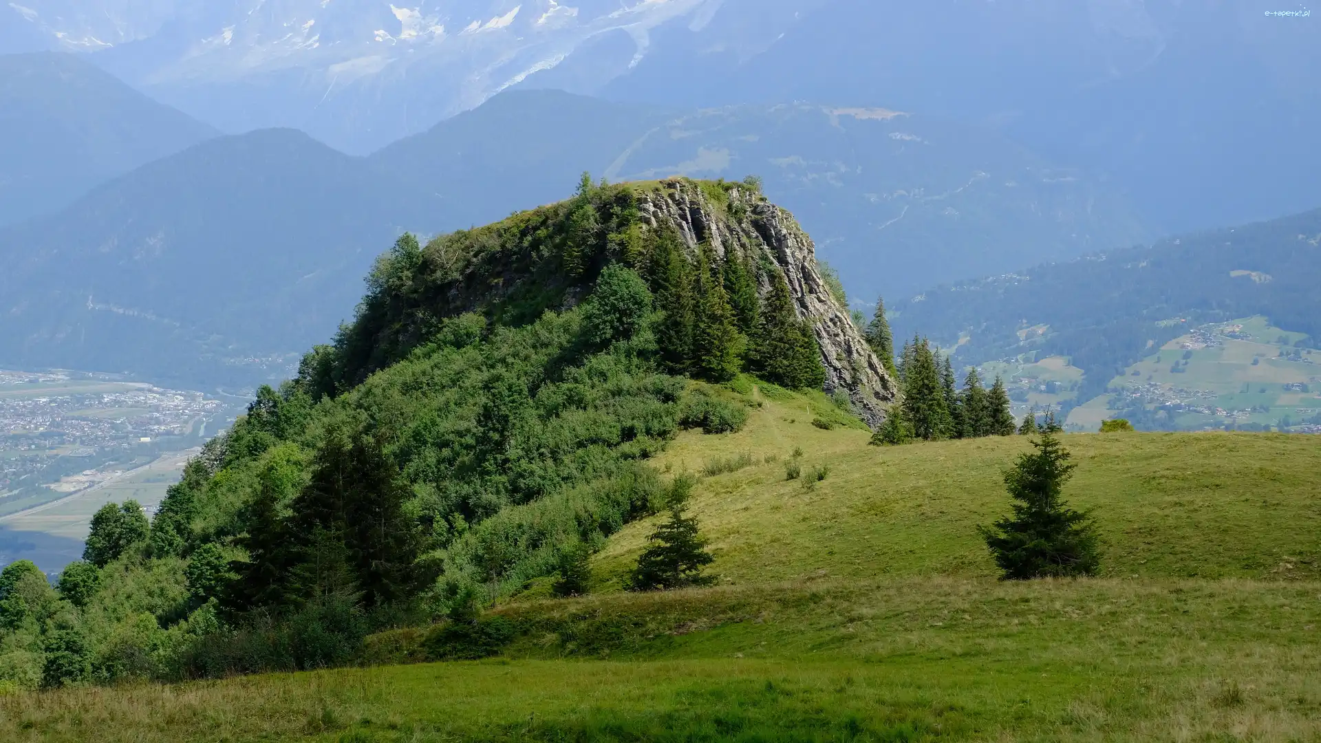 Skała, Drzewa, Krzewy, Góry, Trawa