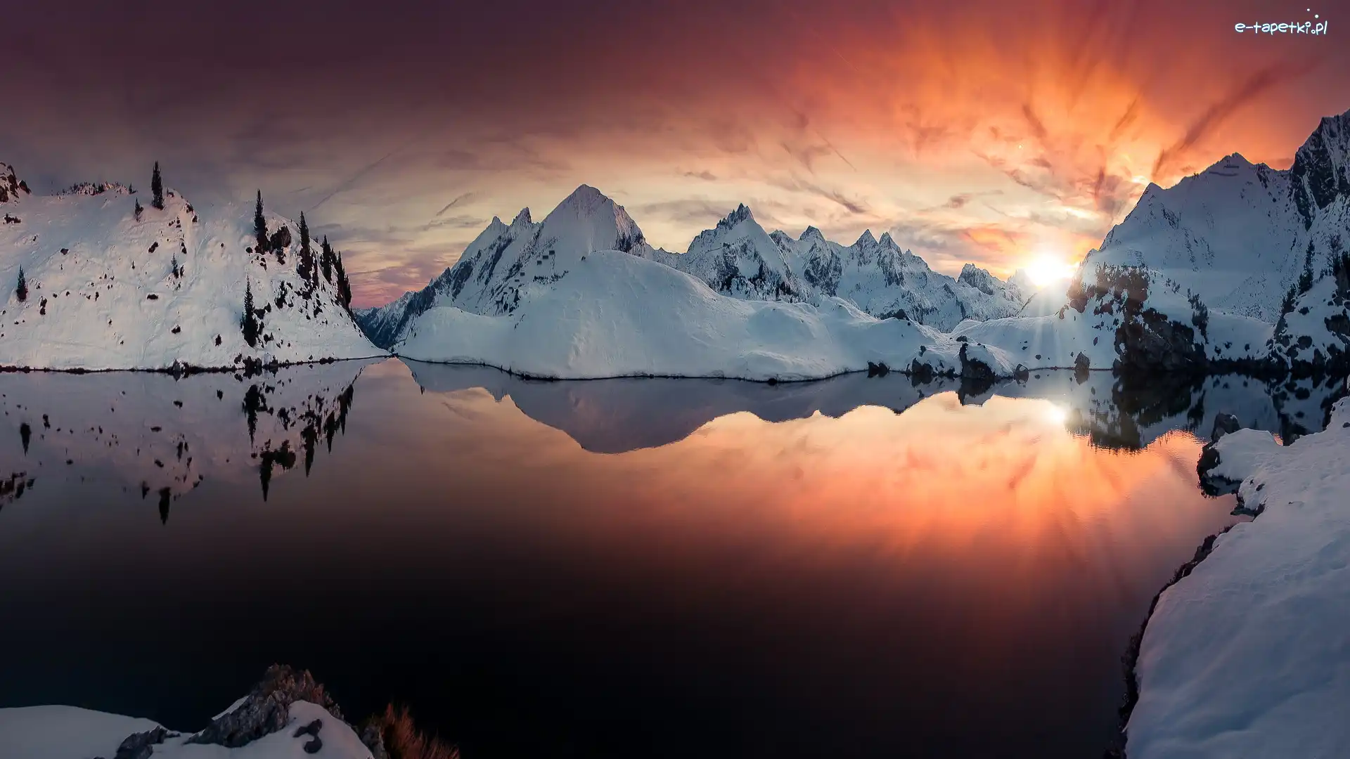 Obertauern, Zachód słońca, Jezioro Grunwaldsee, Austria, Góry, Zima