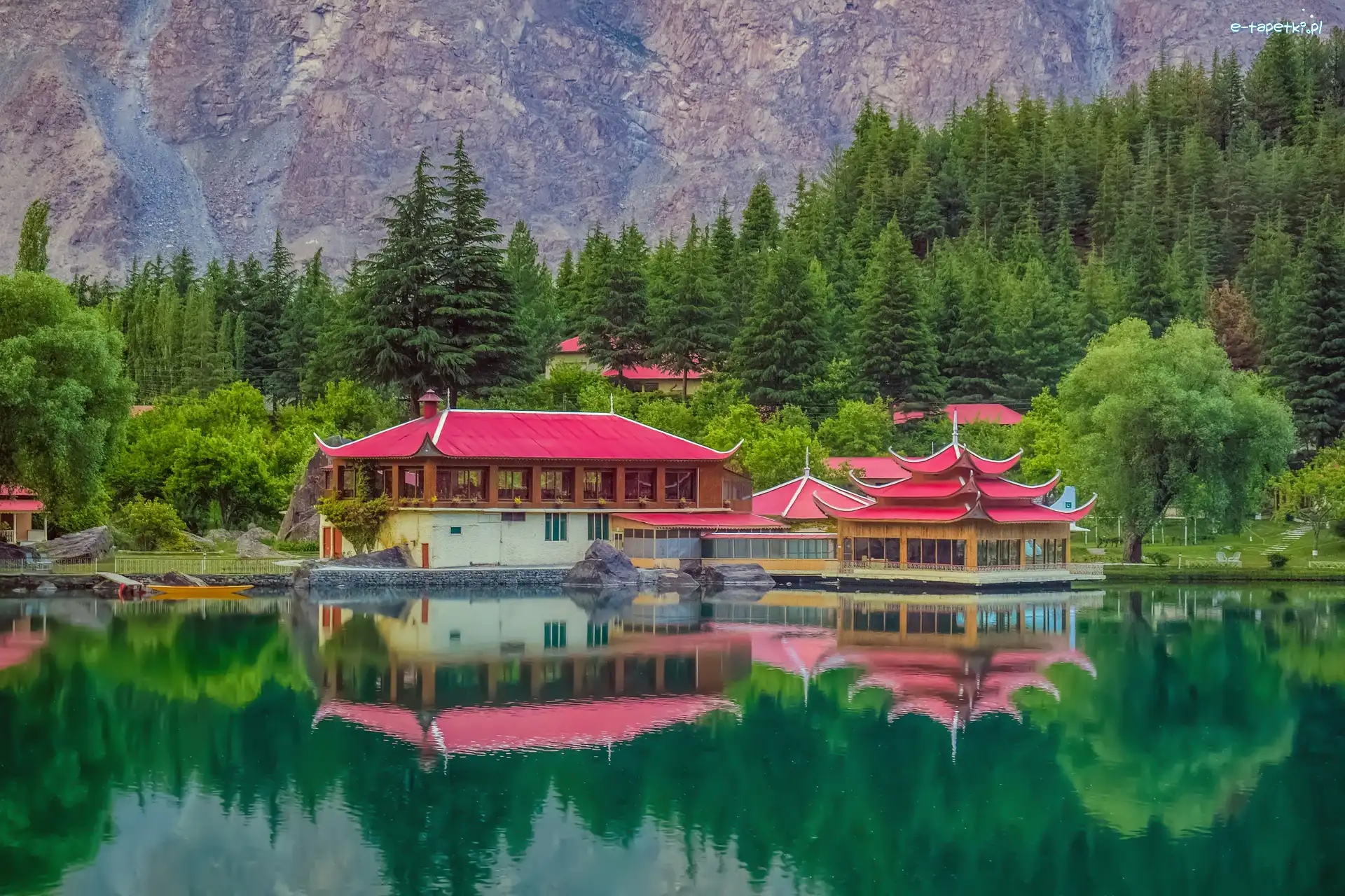 Skardu, Lower Kachura Lake, Drzewa, Pakistan, Jezioro, Shangrila Resort Hotel