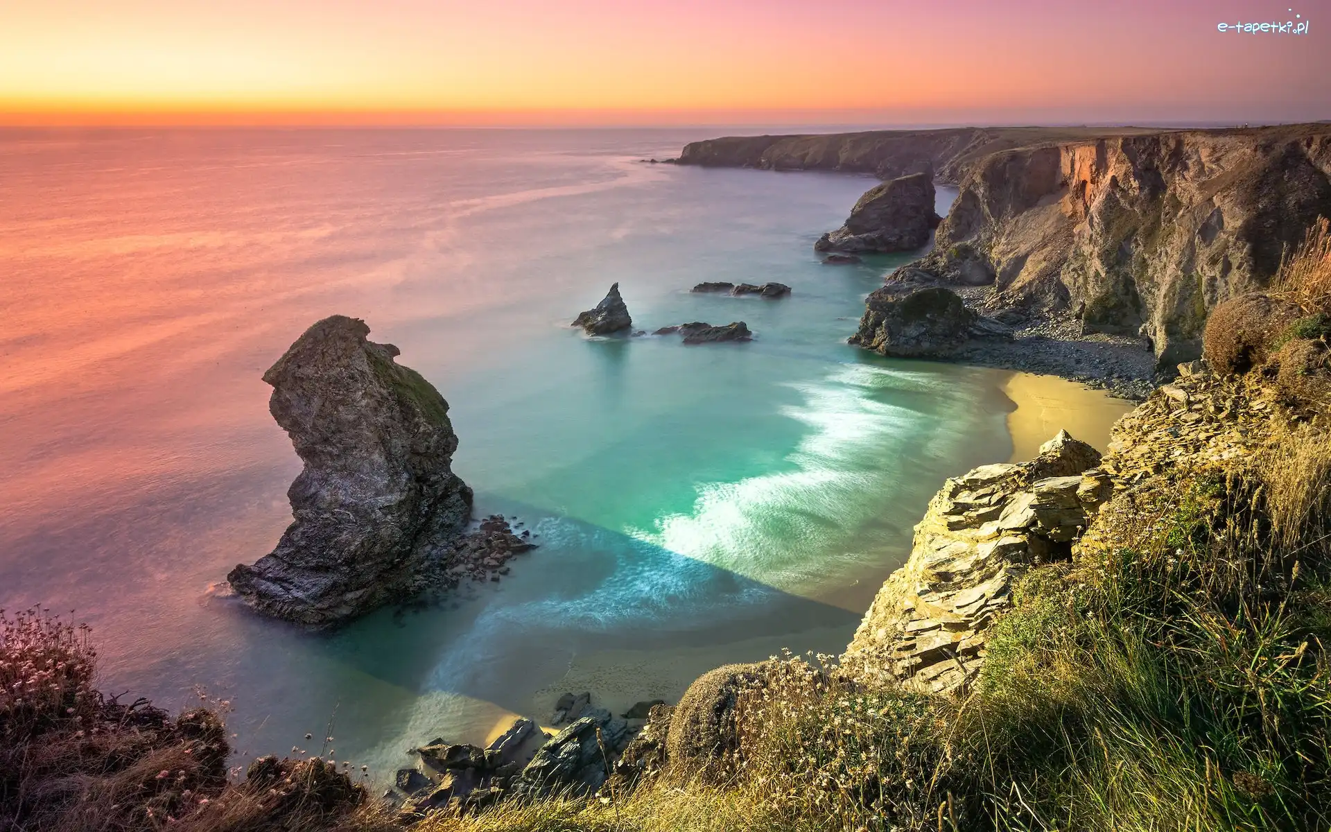 Wybrzeże, Morze Celtyckie, Skały, Bedruthan Steps Beach, Kornwalia, Anglia