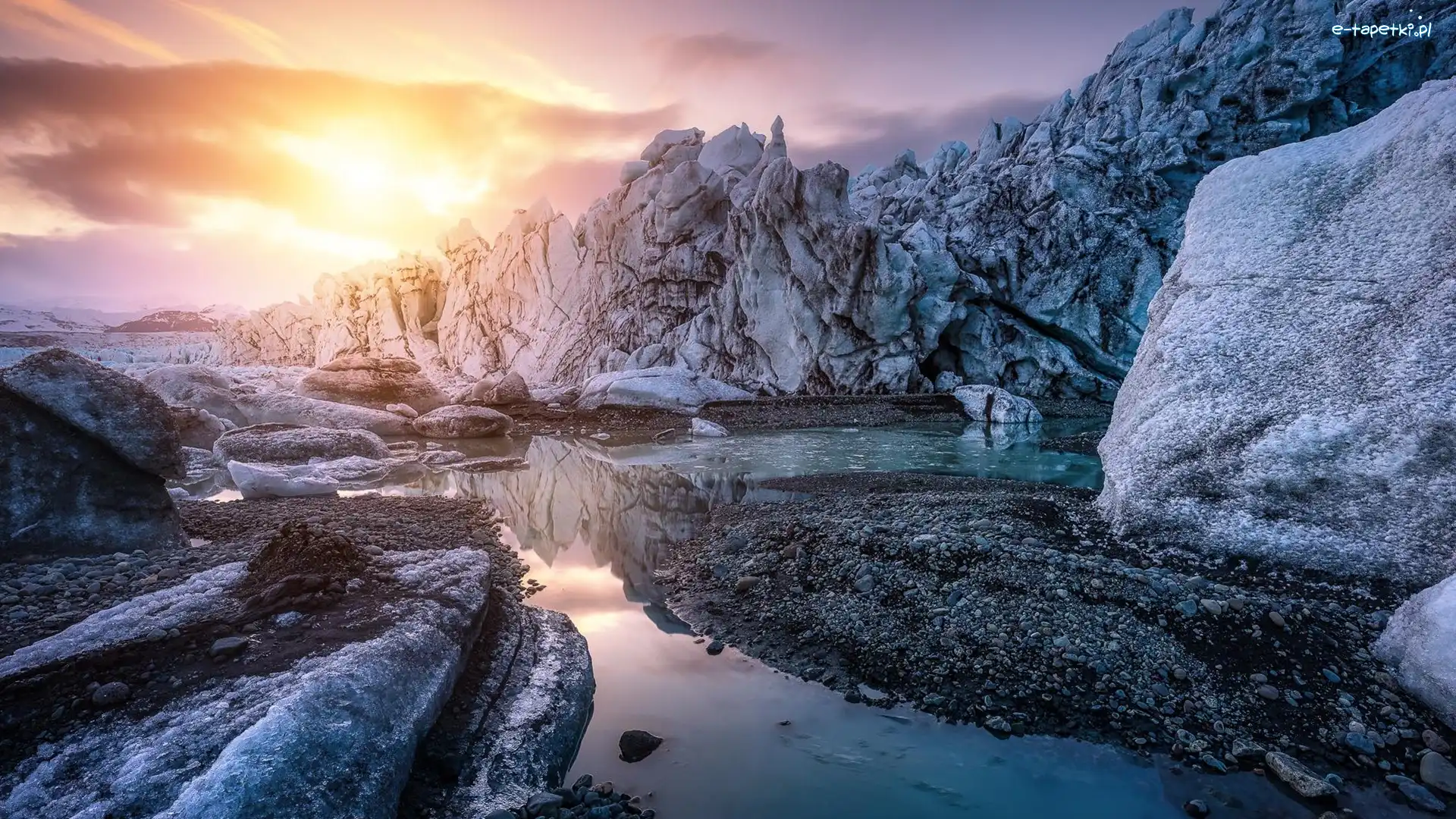 Islandia, Wschód słońca, Jezioro Jokulsarlon, Skała, Zima