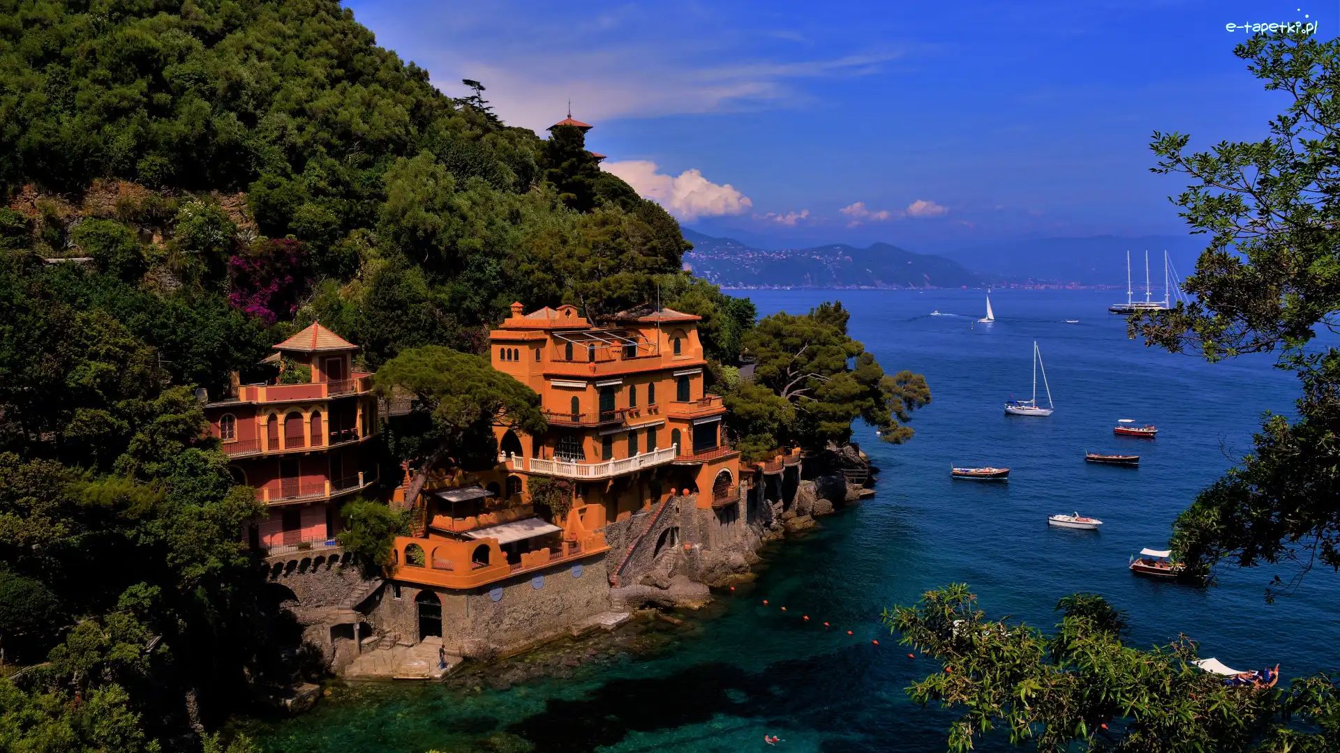 Morze, Portofino, Domy, Łódki Domy, Liguria, Włochy