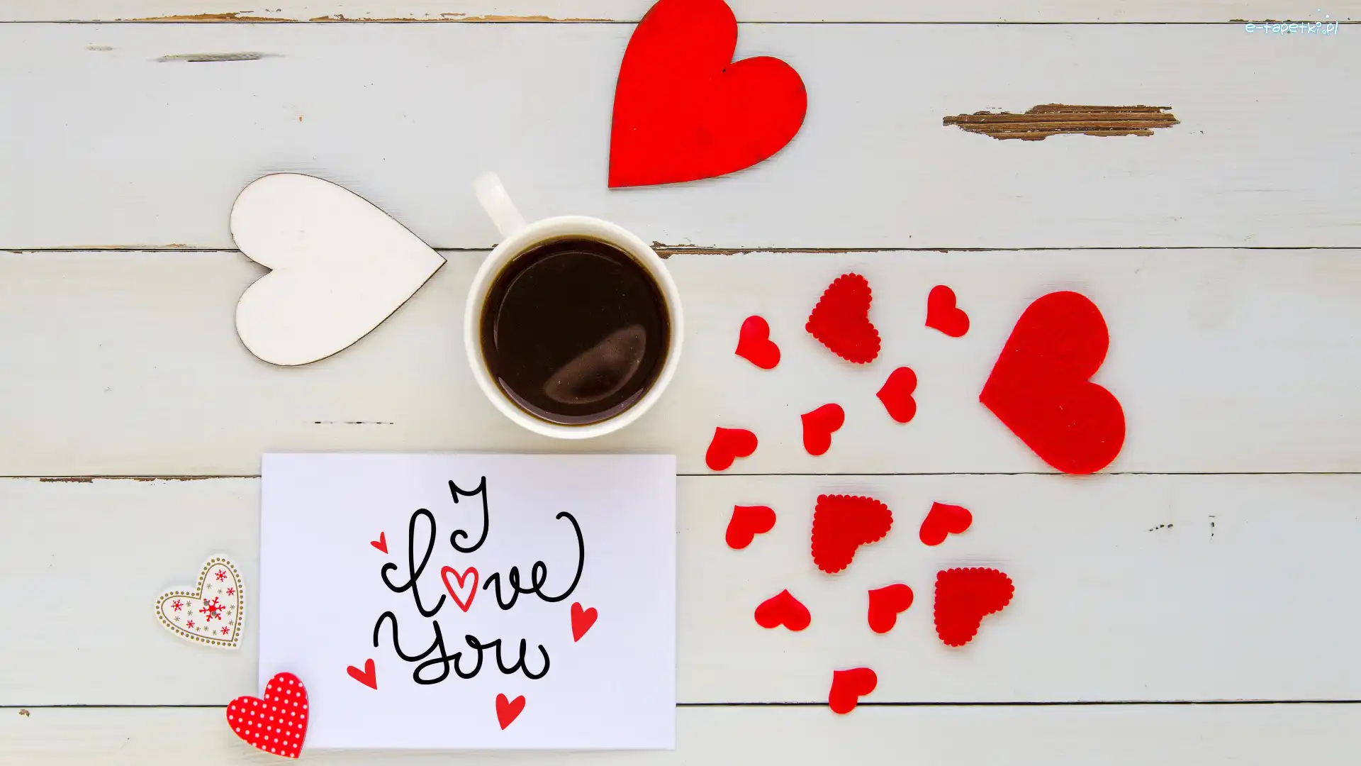 Kubek, Napis, Deski, Czerwone, I Love You, Kawa, Serduszka, Kompozycja