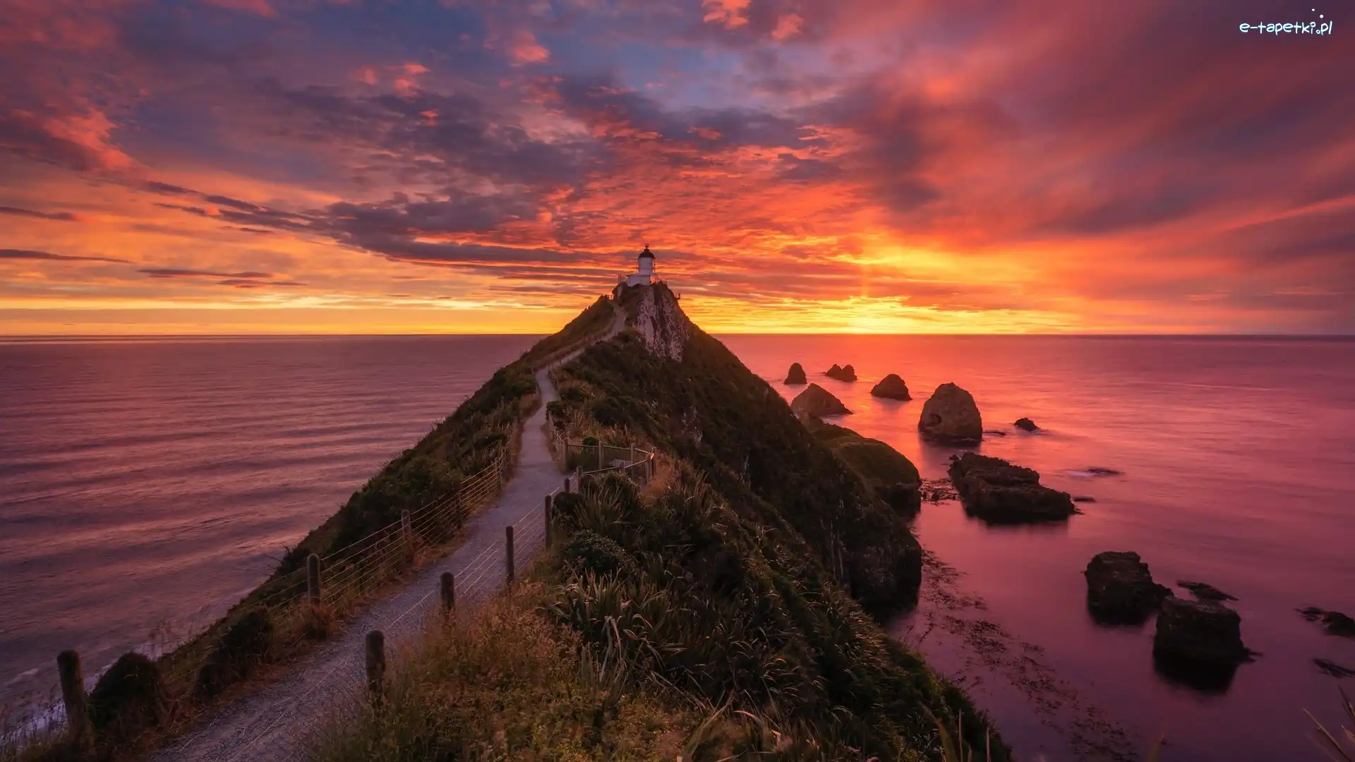 Ścieżka, Latarnia morska, Nowa Zelandia, Otago, Nugget Point Lighthouse, Skały, Zachód słońca, Morze