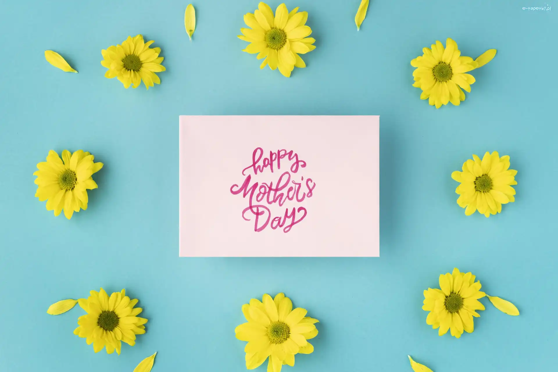 Kartka, Żółte, Tło, Niebieskie, Kwiaty, Napis, Happy Mothers Day, Dzień Matki