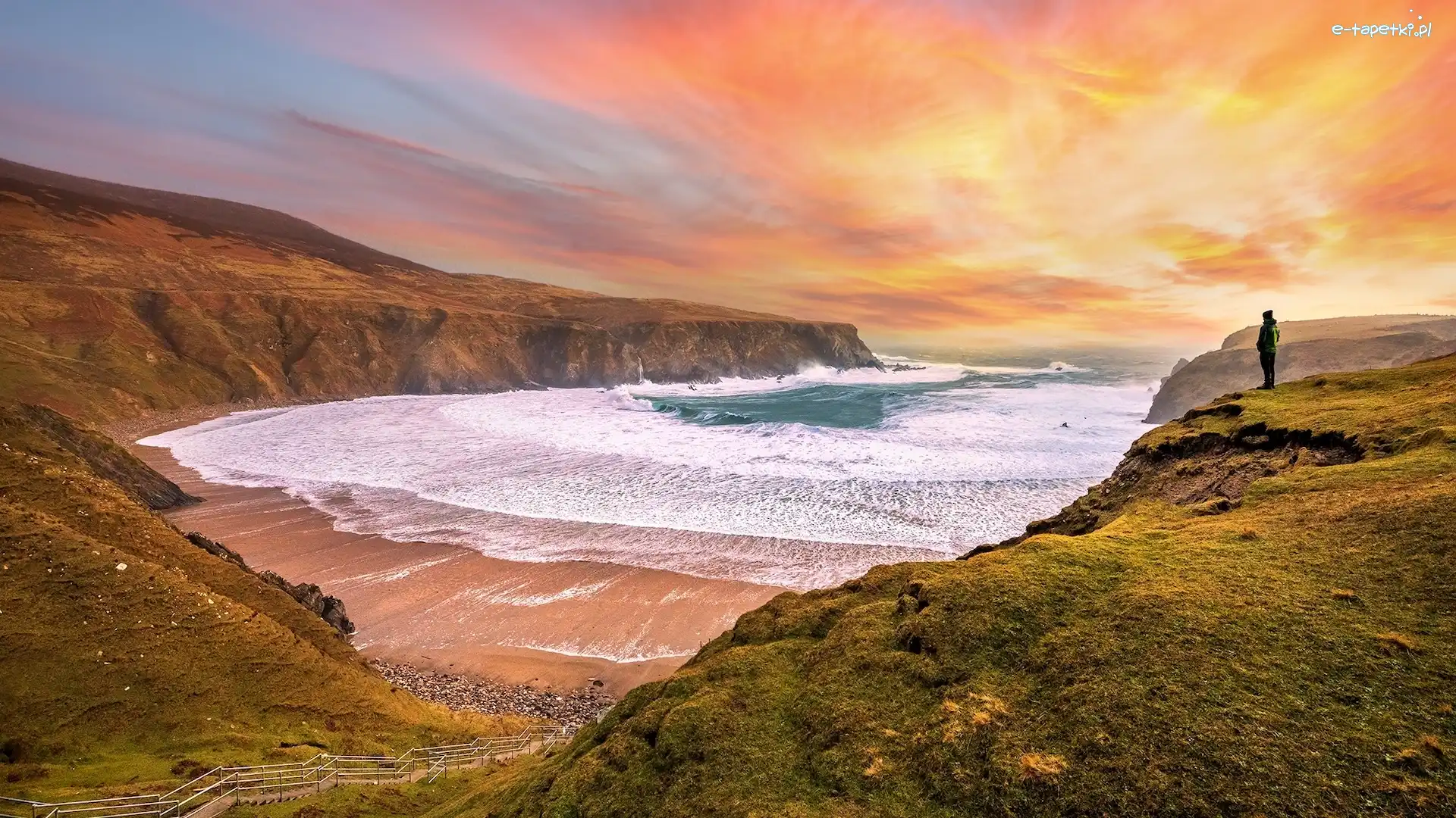 Malin Beg, Wybrzeże, Irlandia, Silver Strand Beach, Człowiek, Zatoka, Plaża, Morze, Słoneczny blask, Hrabstwo Donegal