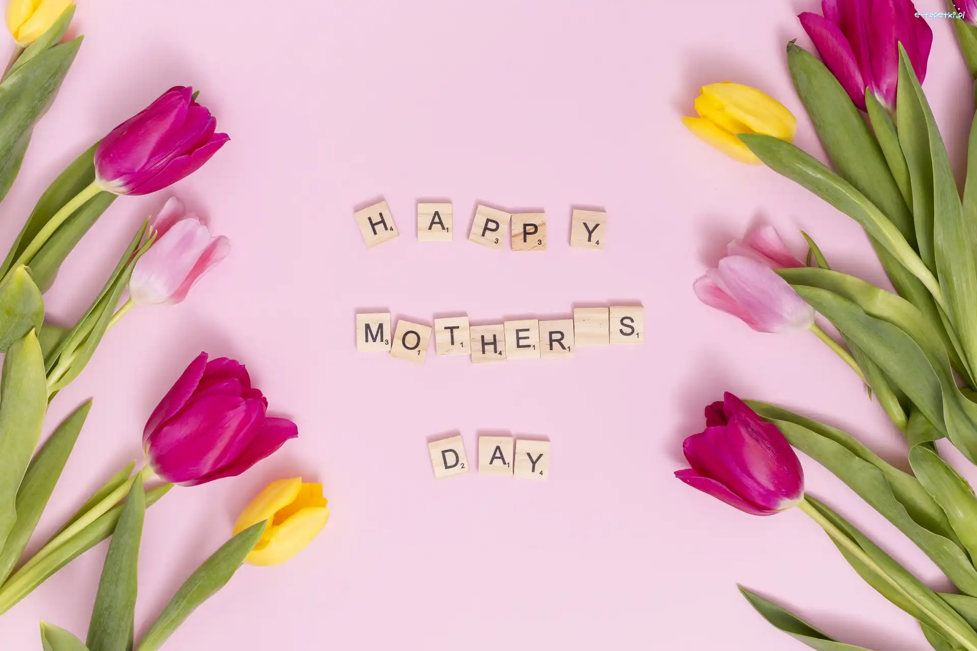 Kwiaty, Napis, Happy Monters Day, Tulipany, Dzień Matki, Wiosna