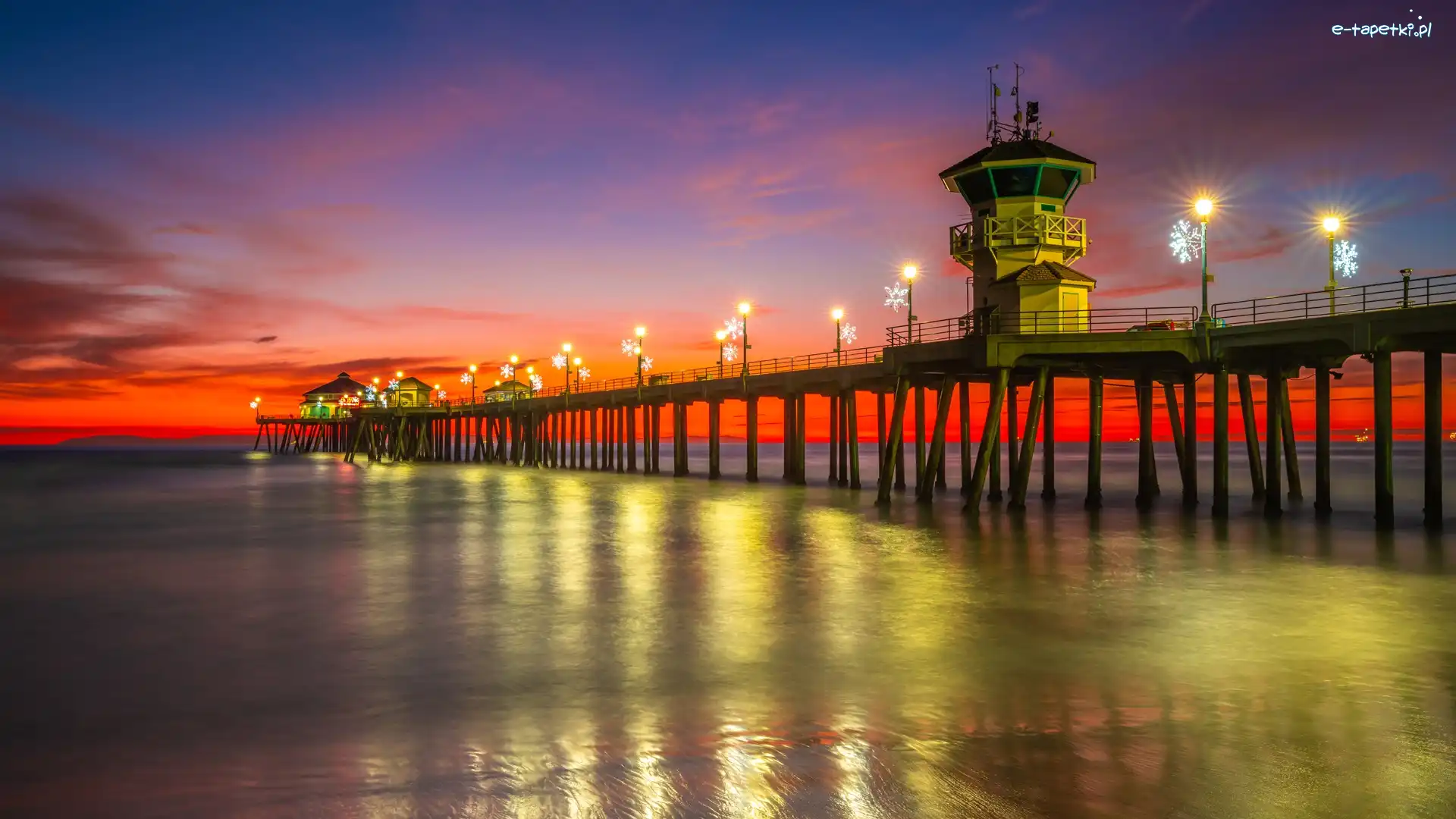 Morze, Kalifornia, Zachód słońca, Latarnie, Huntington Beach, Molo, Światła, Stany Zjednoczone