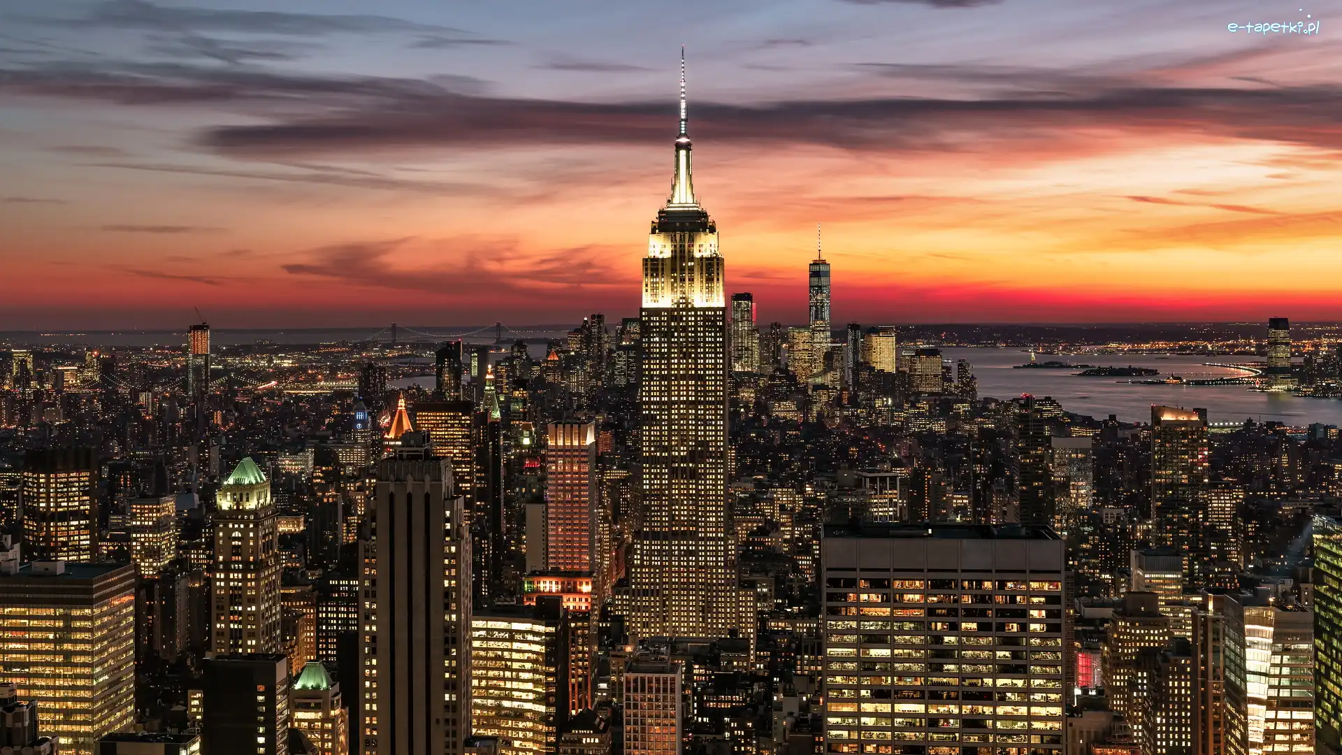 Stany Zjednoczone, Empire State Building, Domy, Wieżowiec, Wschód słońca, Nowy Jork, Manhattan