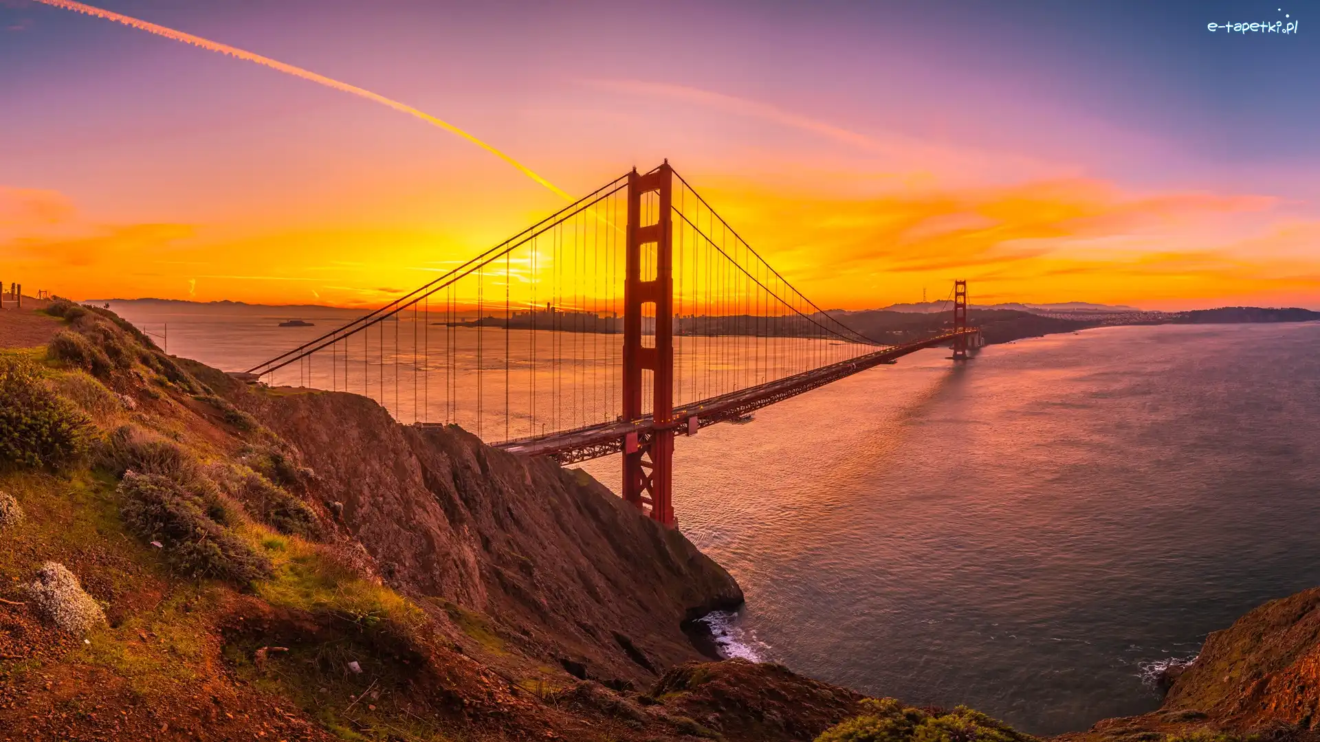 Zachód słońca, Skały, Most, Stan Kalifornia, Stany Zjednoczone, Cieśnina Golden Gate, Golden Gate Bridge