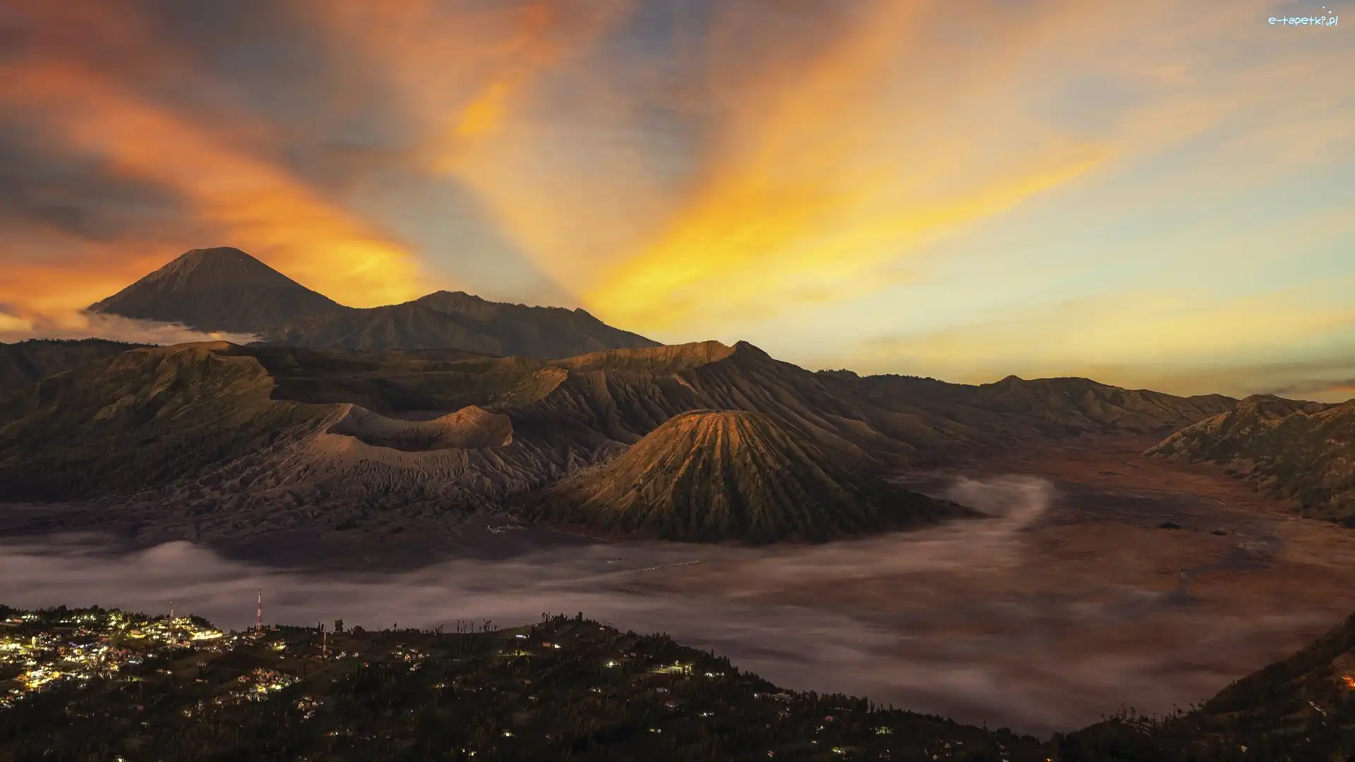 Indonezja, Mount Bromo, Wyspa Jawa, Zachód słońca, Wulkan, Góry