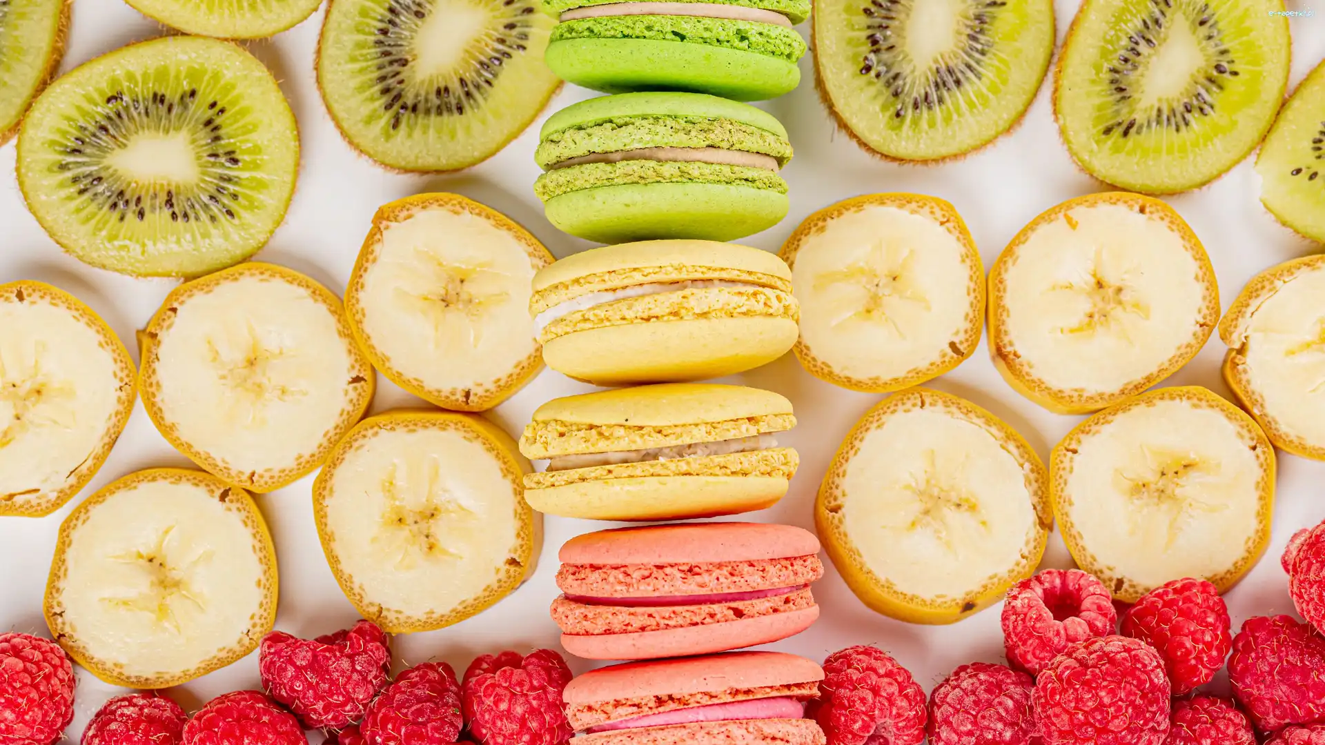 Kiwi, Maliny, Owoce, Banan, Ciasteczka, Makaroniki