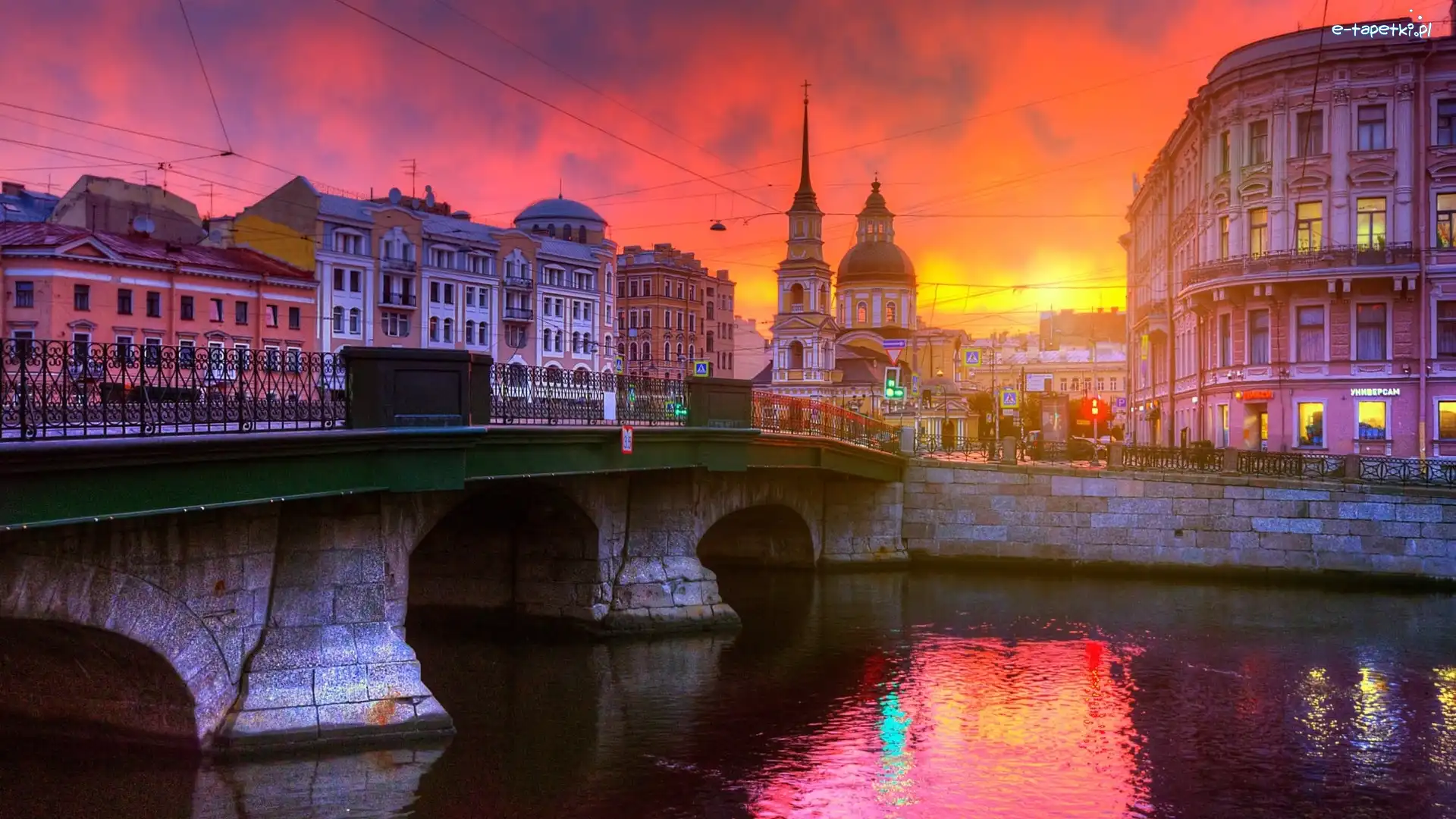 Most, Domy, Rzeka Fontanka, Rosja, Petersburg