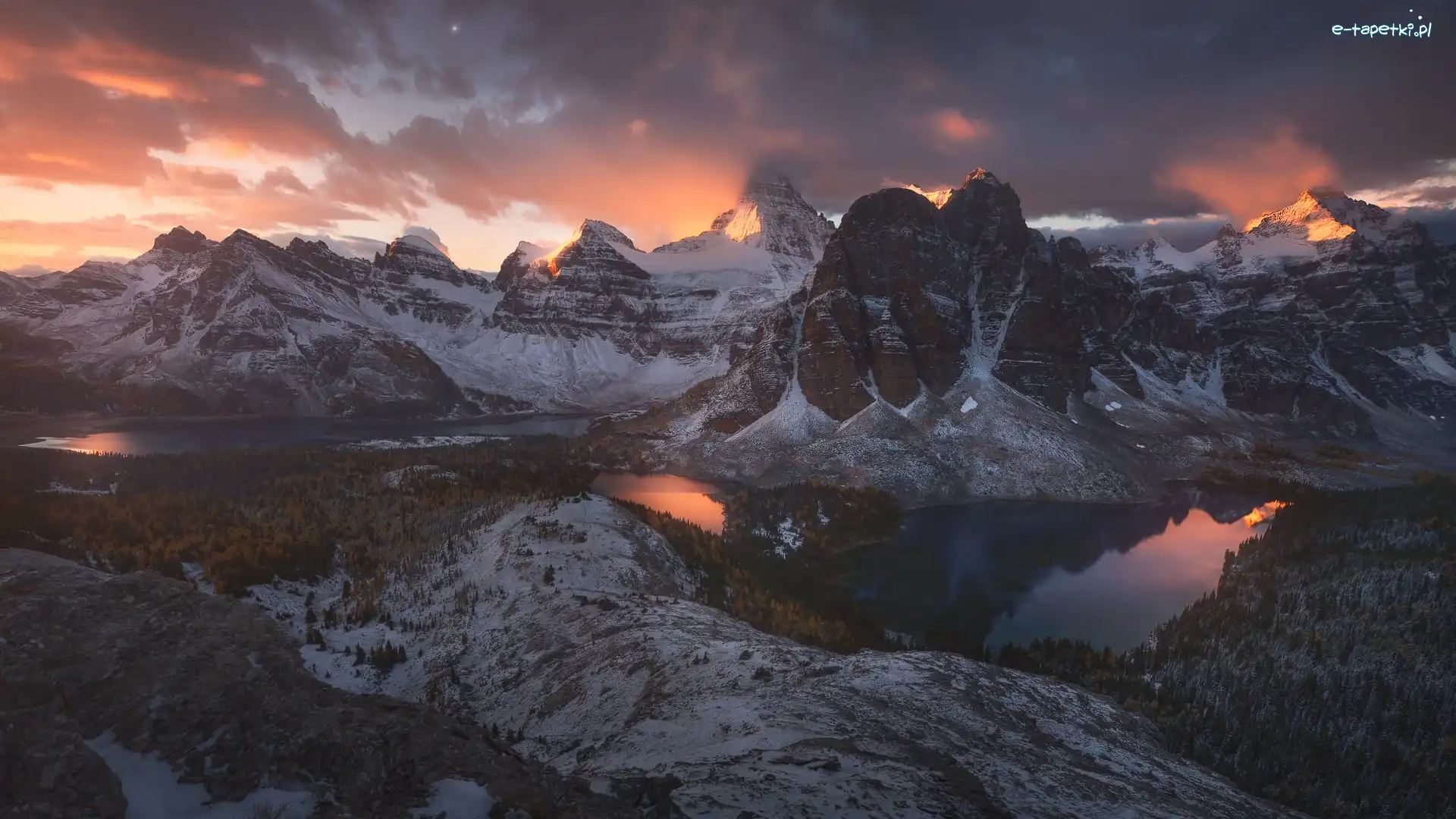 Góry, Kolumbia Brytyjska, Chmury, Jeziora, Góra Mount Assiniboine, Jezioro Cerulean, Jezioro Sunburst Lake, Kanada, Park Prowincjonalny Mount Assiniboine, Zachód słońca