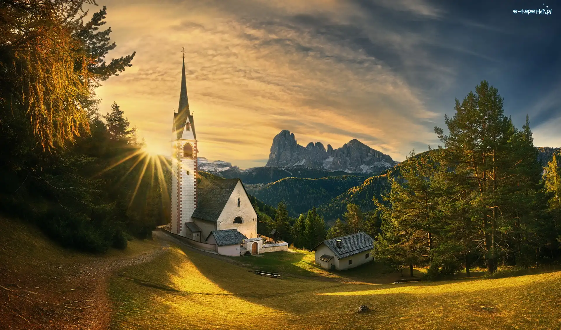 Góry, Południowy Tyrol, Kościół św Jakuba, Dom, Dolomity, Drzewa, Zachód słońca, Włochy