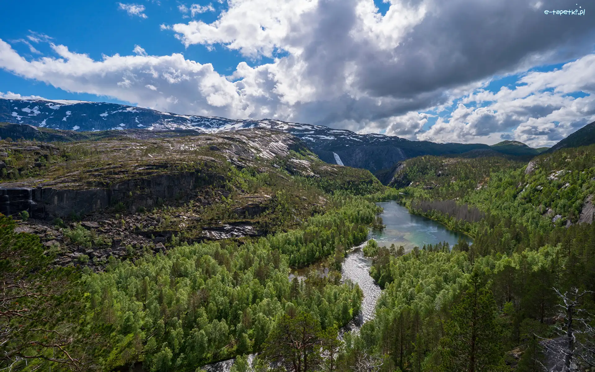 Rzeka, Góry, Lasy, Chmury, Park Narodowy Rago, Norwegia