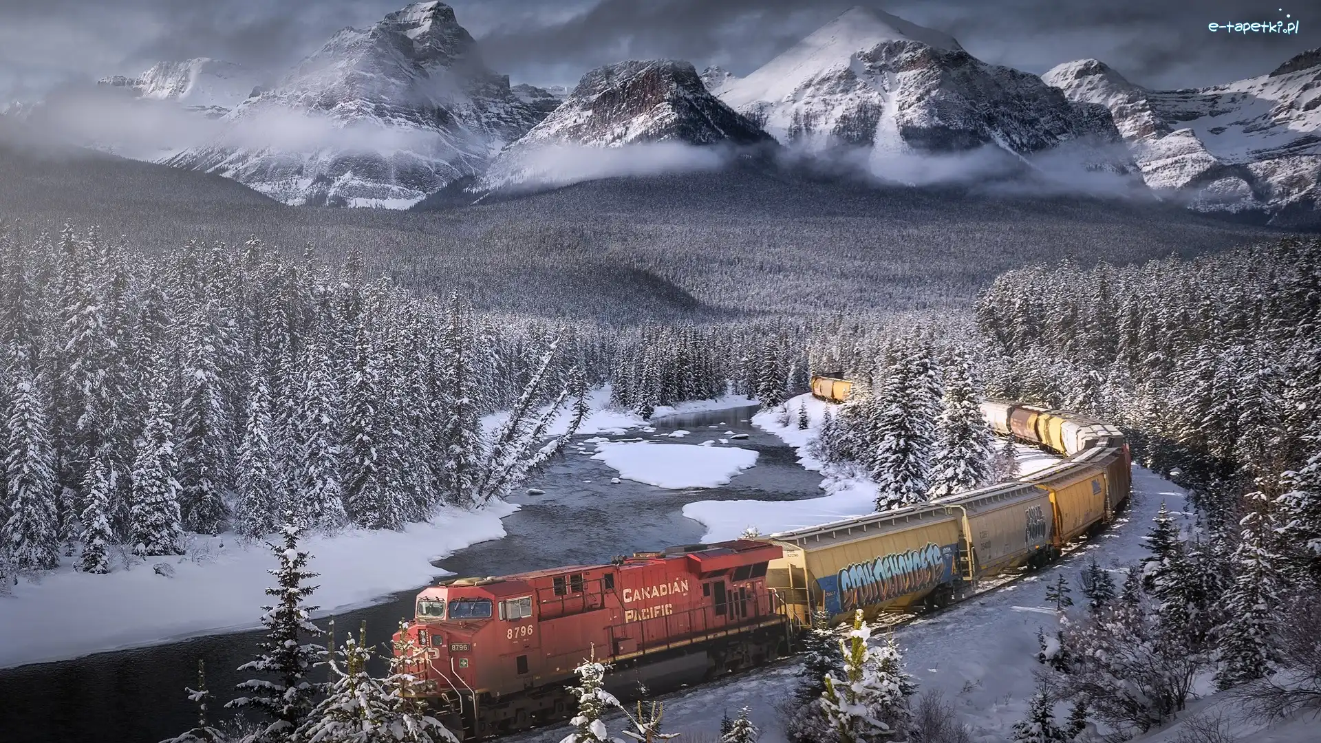 Park Narodowy Banff, Góry Skaliste, Pociąg, Drzewa, Kanada, Las, Bow River, Alberta, Rzeka, Zima, Chmury