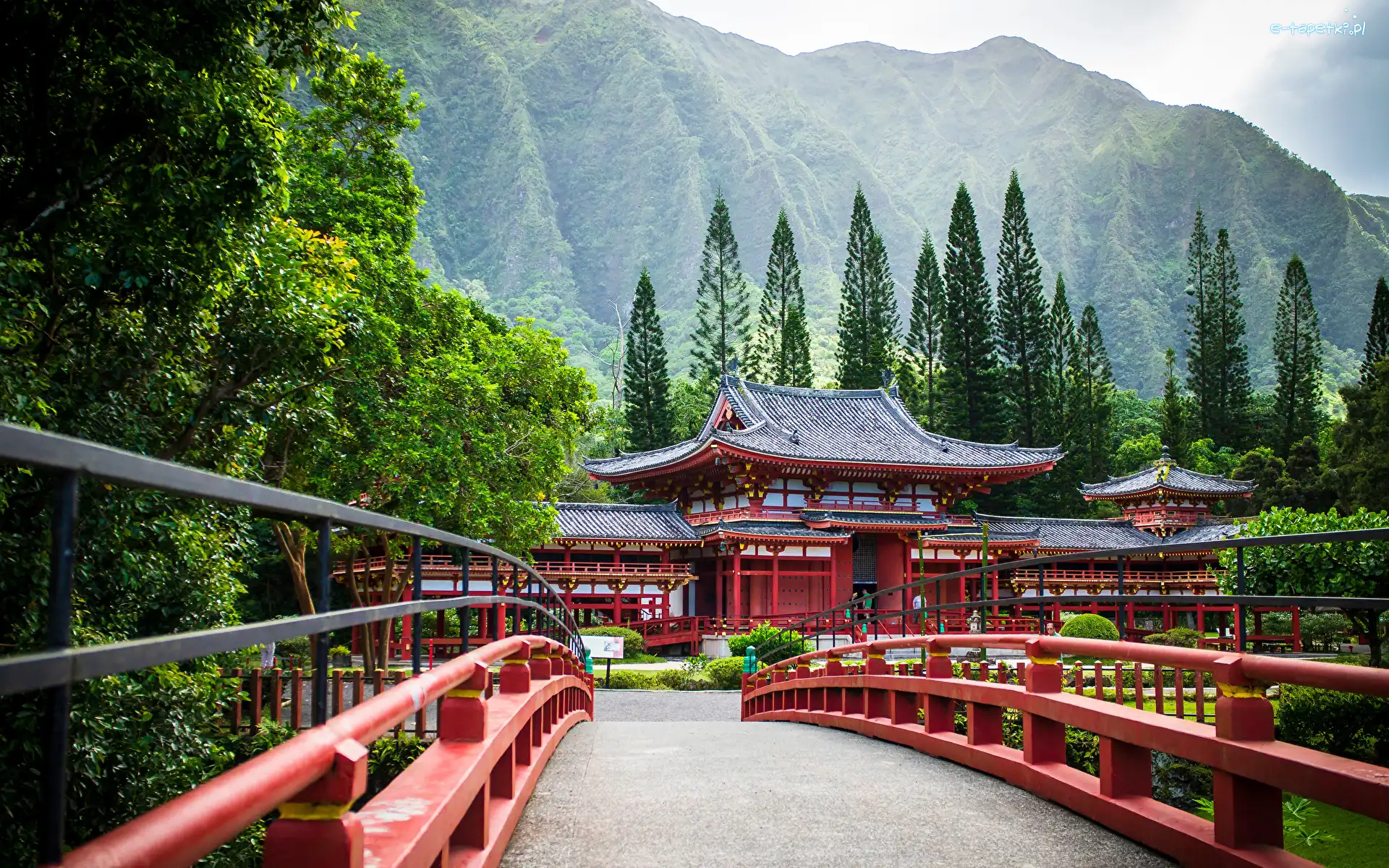 Replika, Hawaje, Góry, Byodo-In, Most, Budowla, Świątynia, Stany Zjednoczone, Wyspa Oahu, Drzewa