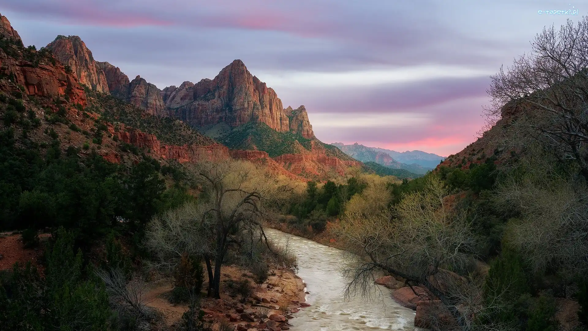 Góra Watchman, Stan Utah, Park Narodowy Zion, Drzewa, Góry, Rzeka, Virgin River, Stany Zjednoczone