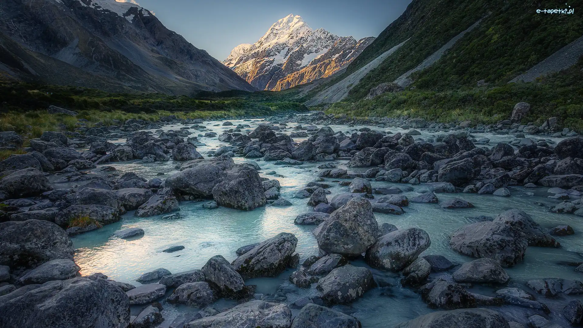 Park Narodowy Góry Cooka, Rzeka, Kamienie, Góry, Hooker River, Góra Cooka, Mount Cook, Nowa Zelandia