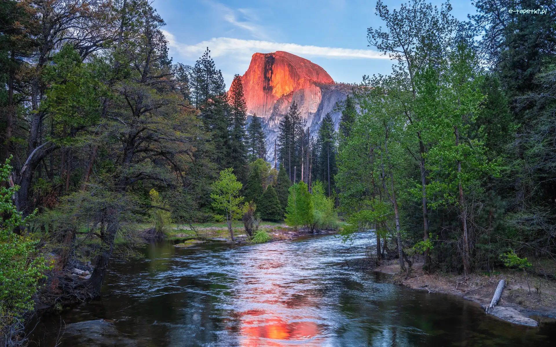 Góry, Rzeka, Stany Zjednoczone, Kalifornia, Merced River, Góra Half Dome, Drzewa, Park Narodowy Yosemite
