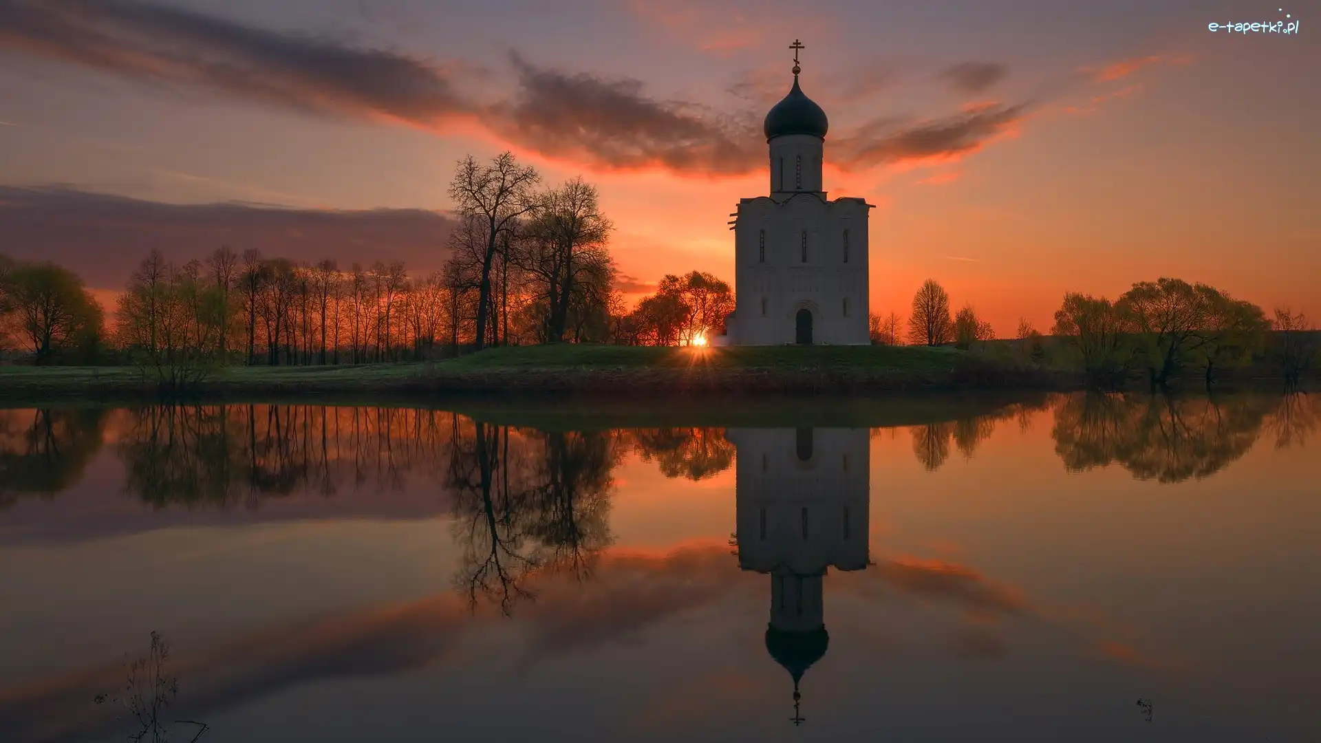 Cerkiew, Jezioro, Odbicie, Zachód słońca, Drzewa