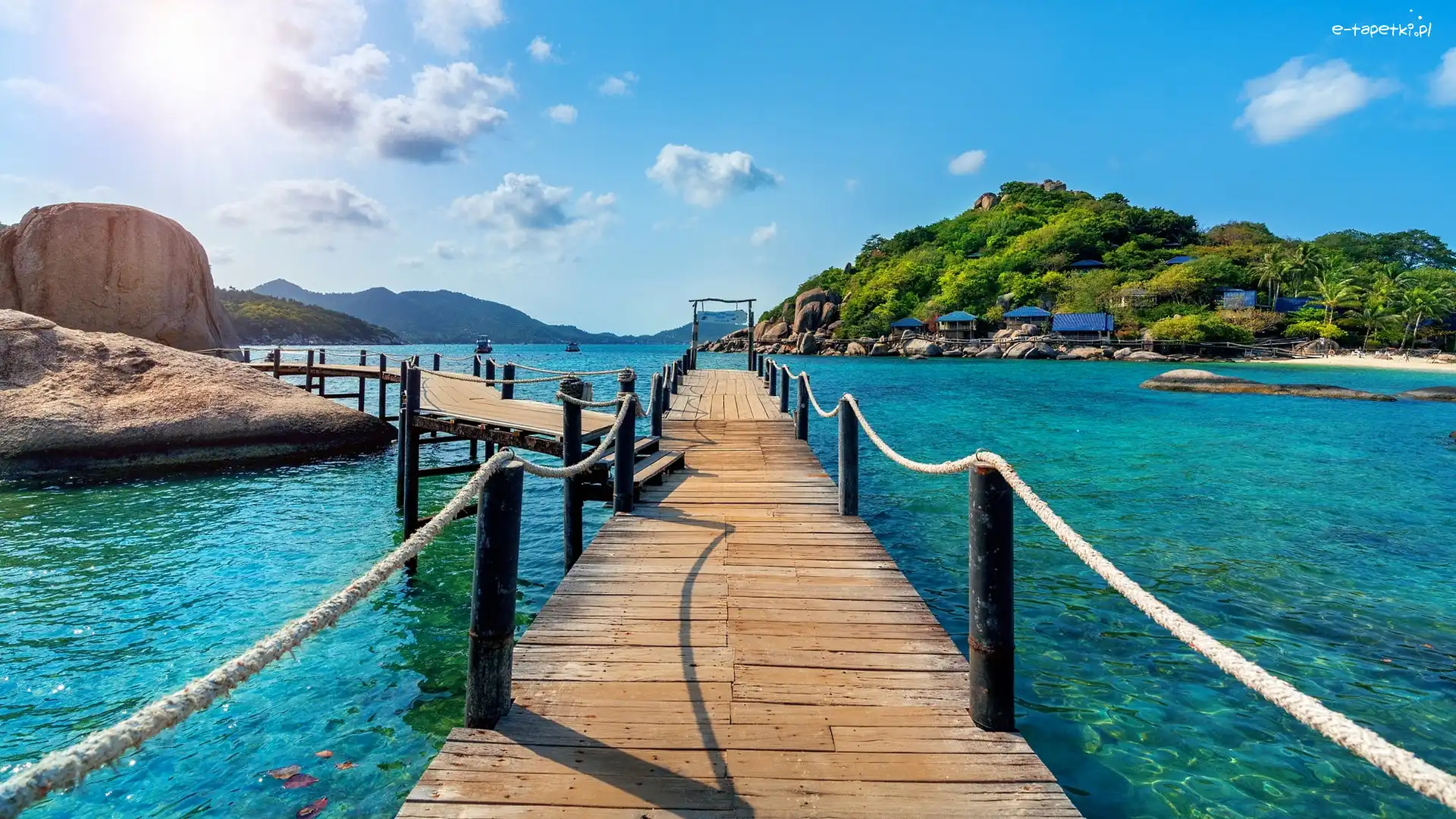 Tajlandia, Morze, Wzgórze, Most, Drewniany, Surat Thani, Wyspa Koh Nang Yuan