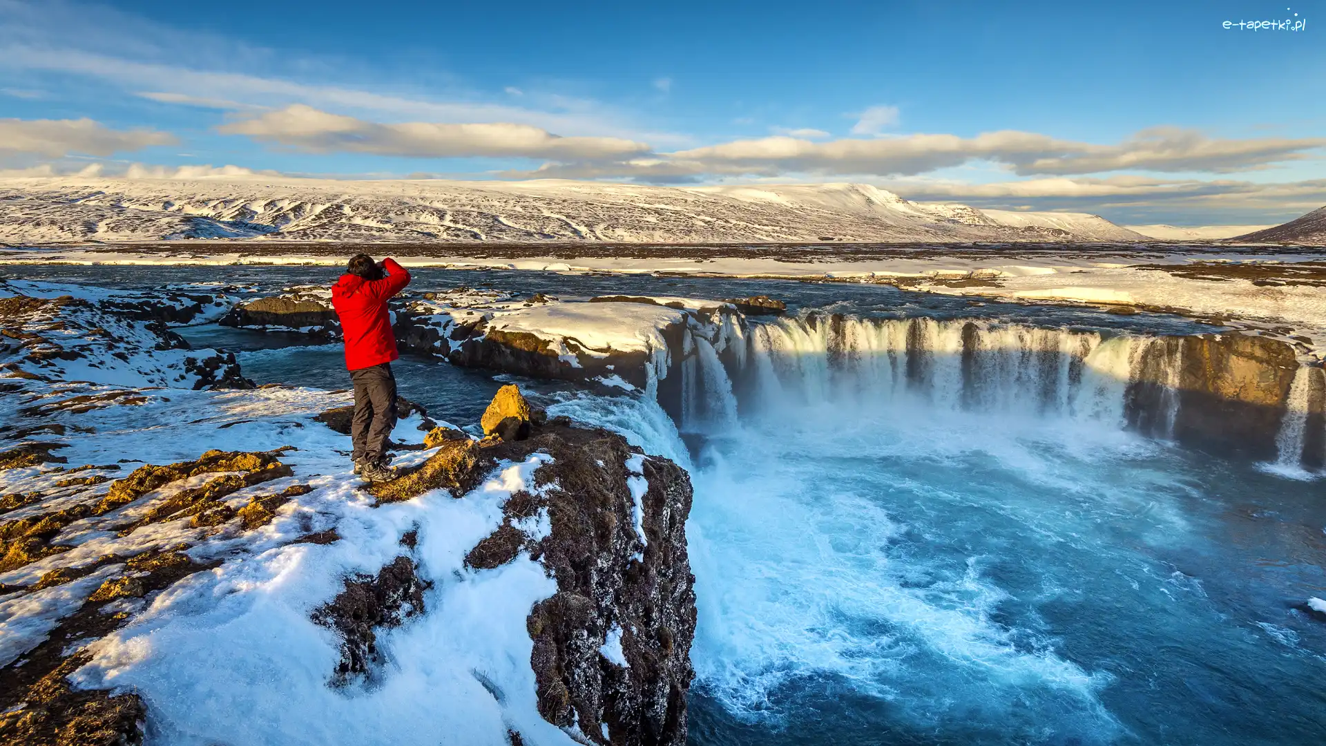 Wodospad, Mężczyzna, Godafoss, Islandia, Zima