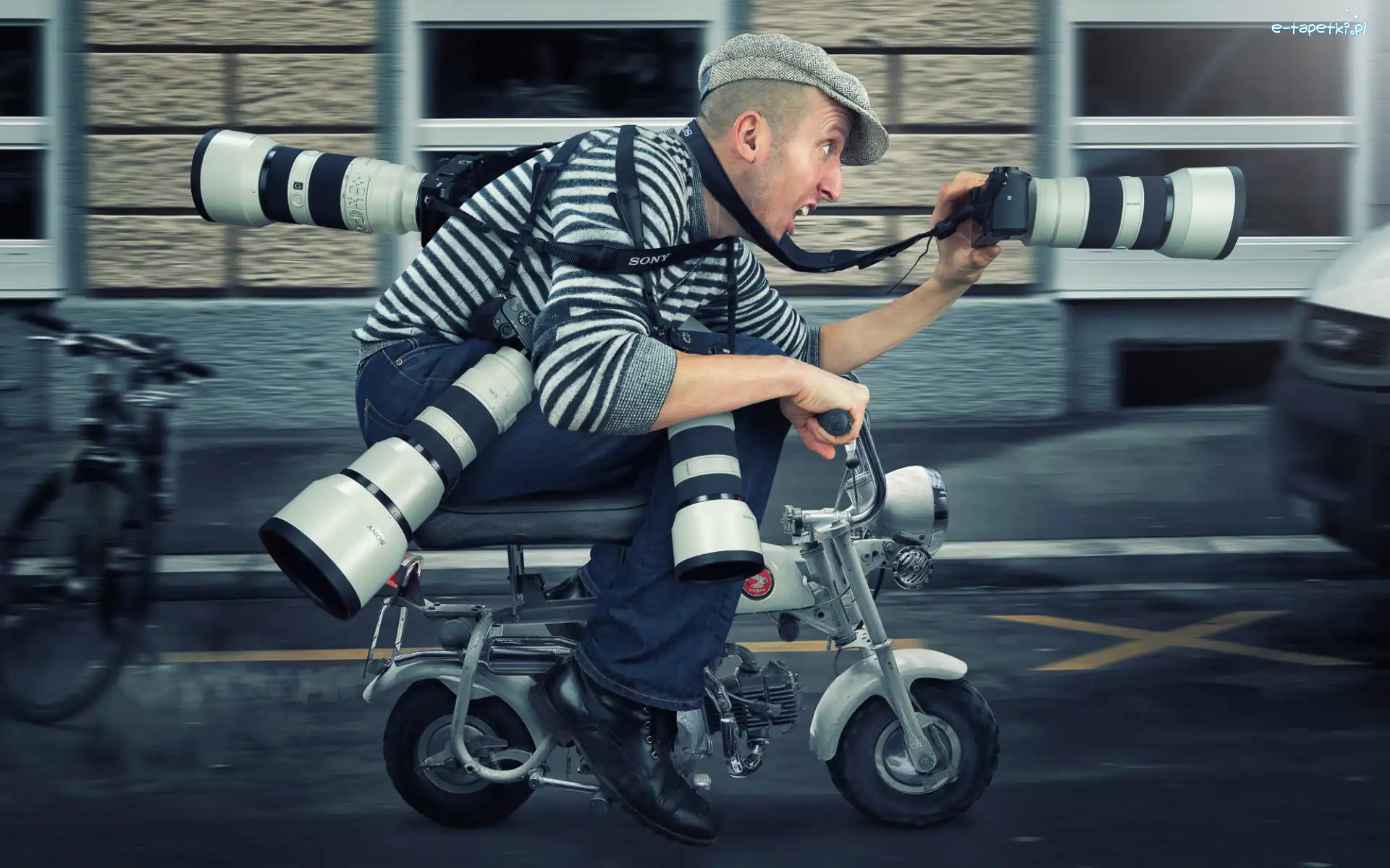 Śmieszne, Fotograf, Mężczyzna, Motorower, Paparazzi