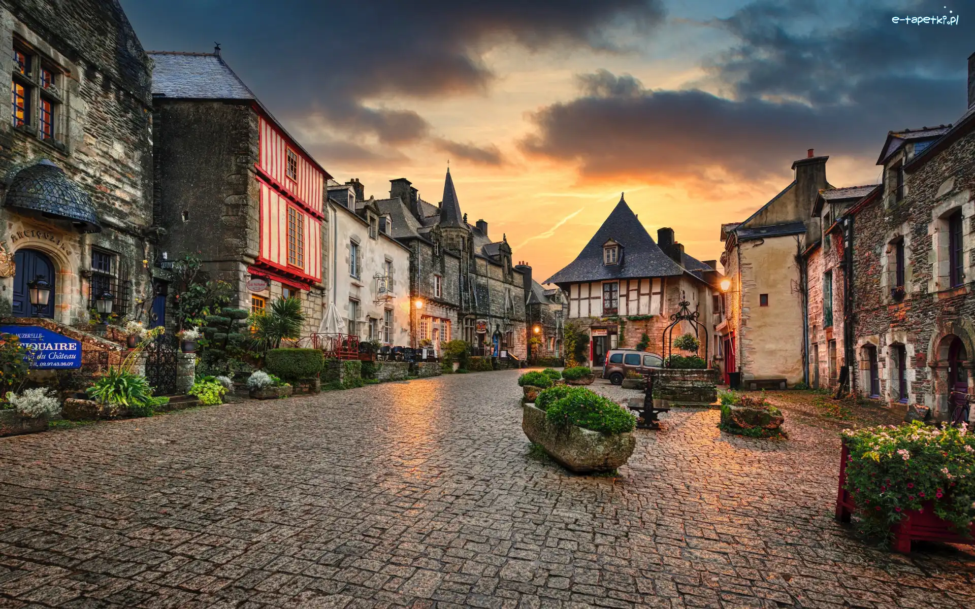 Ulica, Rochefort en Terre, Domy, Kwiaty, Bretania, Francja
