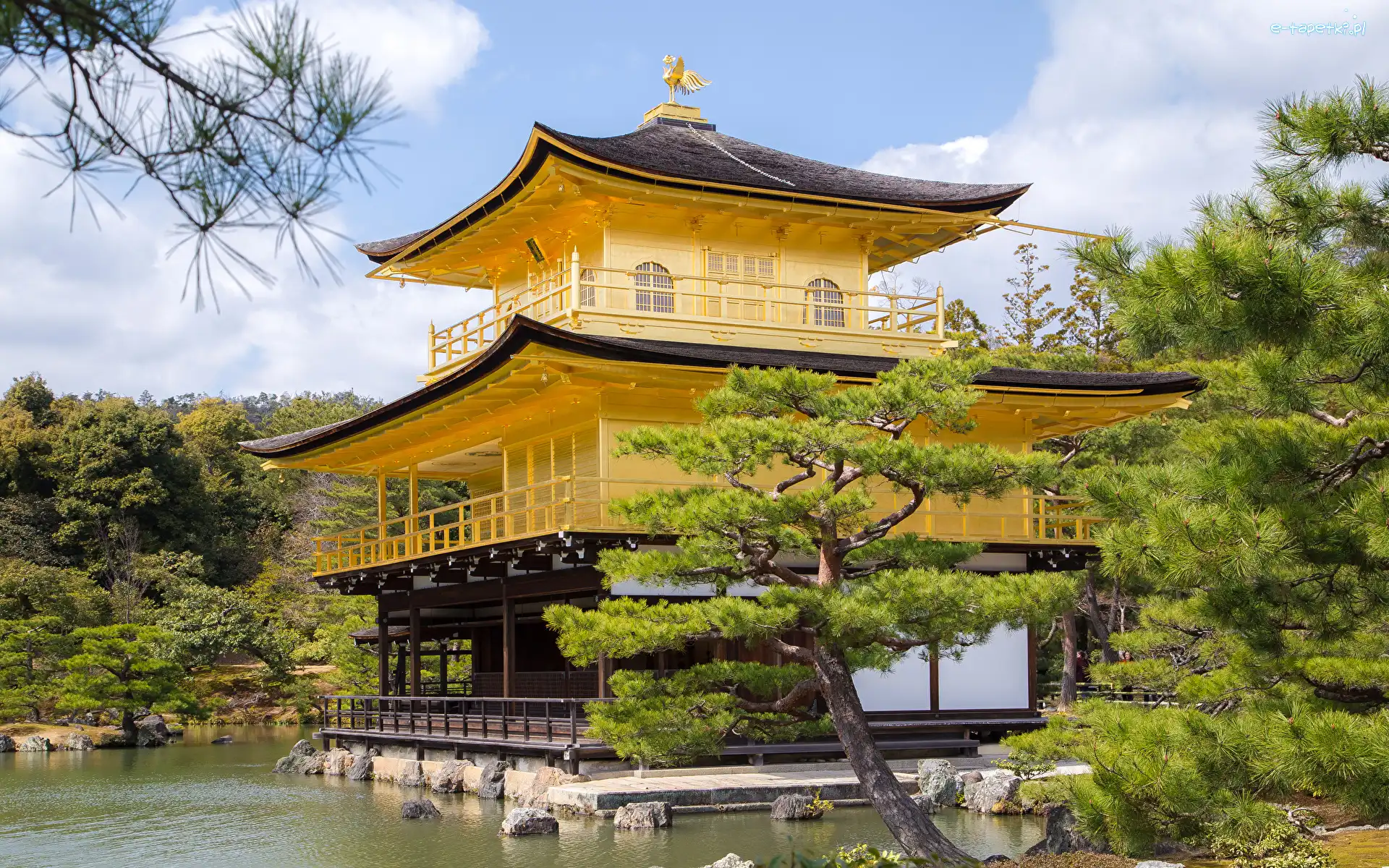 Staw, Kinkaku-ji, Japonia, Kioto, Złoty Pawilon, Kyko chi, Drzewa, Świątynia