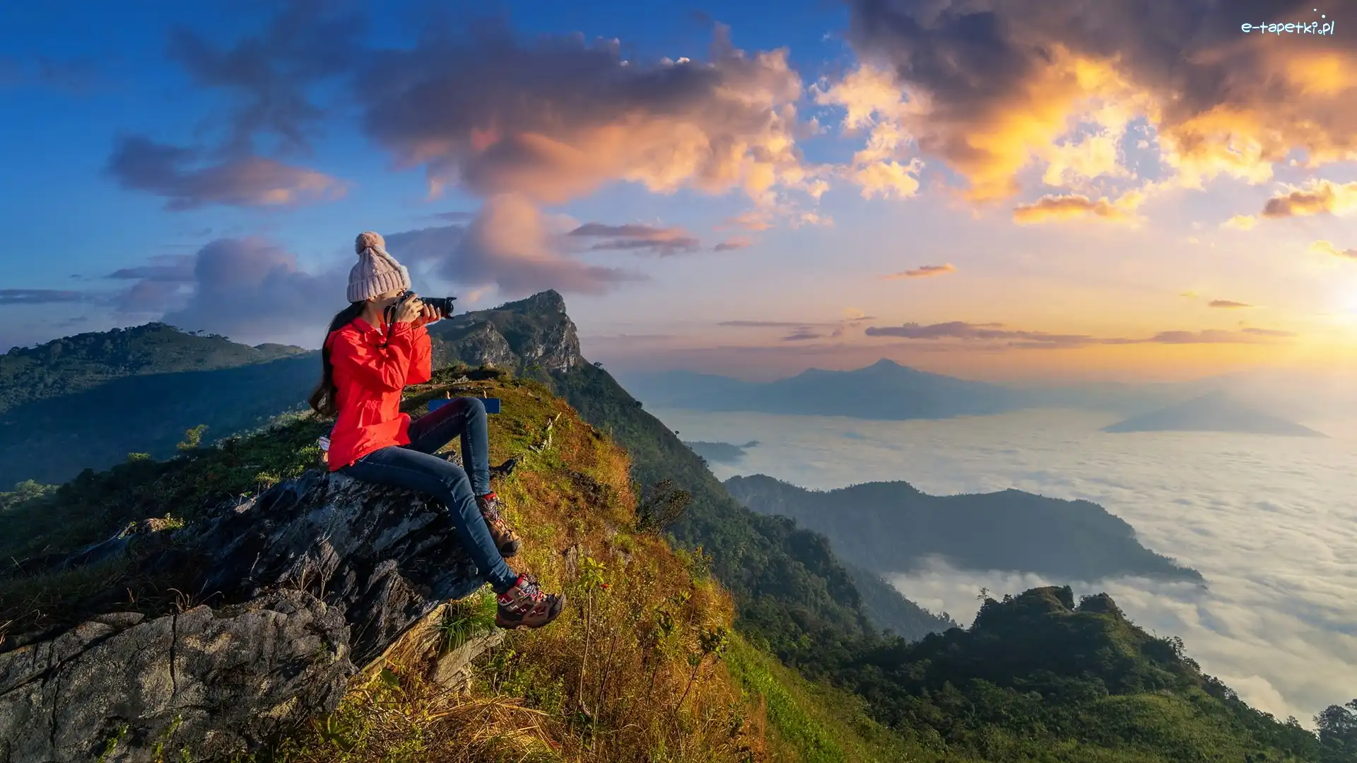 Góry, Skały, Czapka, Turystka, Kobieta, Tajlandia, Chiang Rai, Aparat fotograficzny, Doi Pha Mon