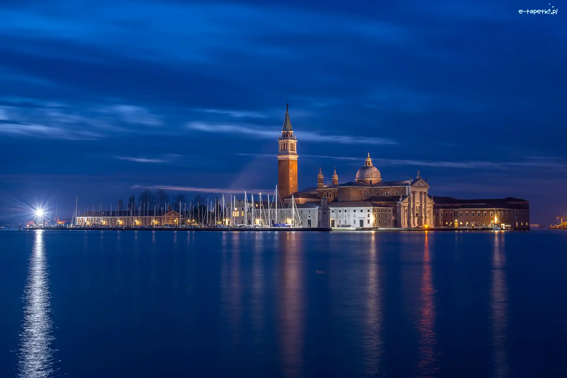 Żaglówki, Wenecja, Kościół San Giorgio Maggiore, Światło, Wyspa San Giorgio, Noc, Latarnia, Włochy