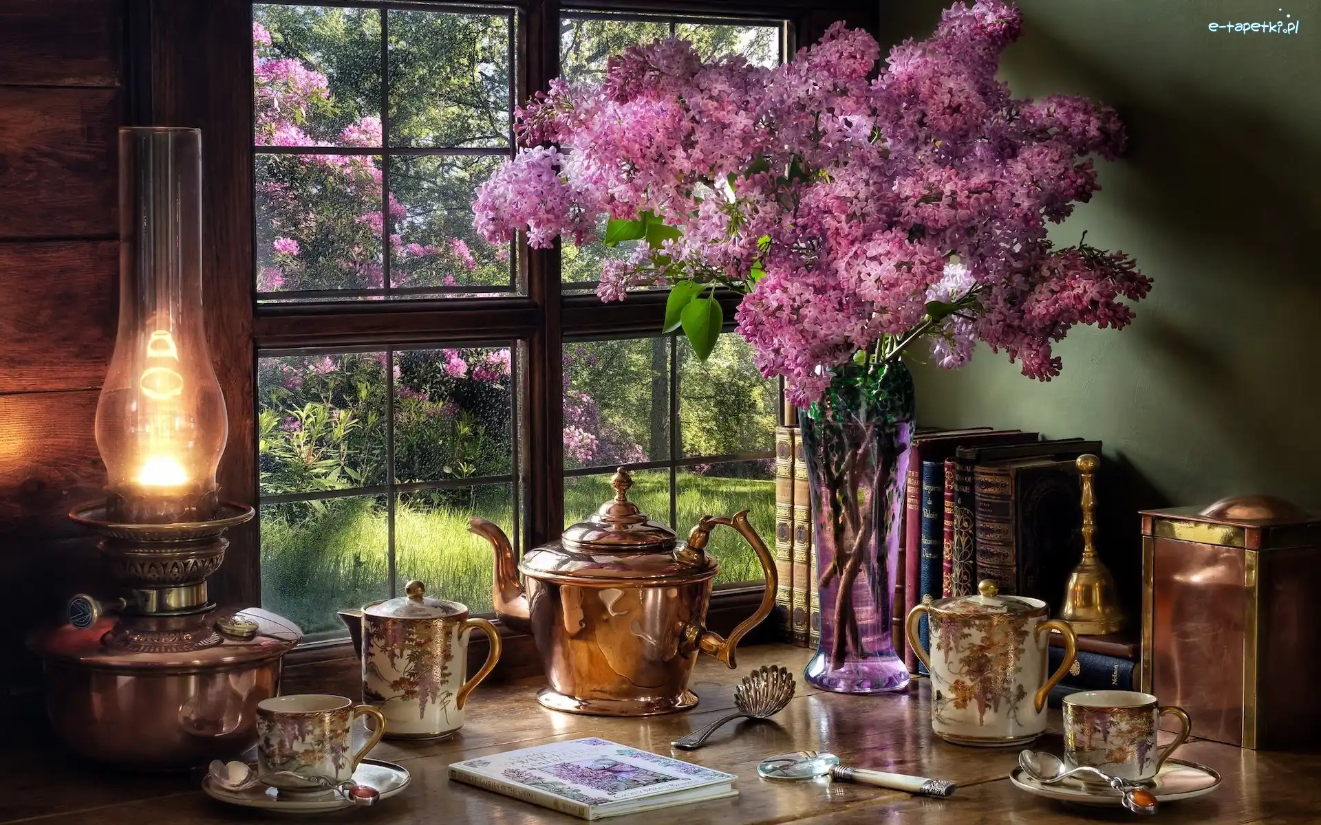 Czajnik, Kwiaty, Kompozycja, Serwis porcelanowy, Bez, Książka, Lampa, Okno