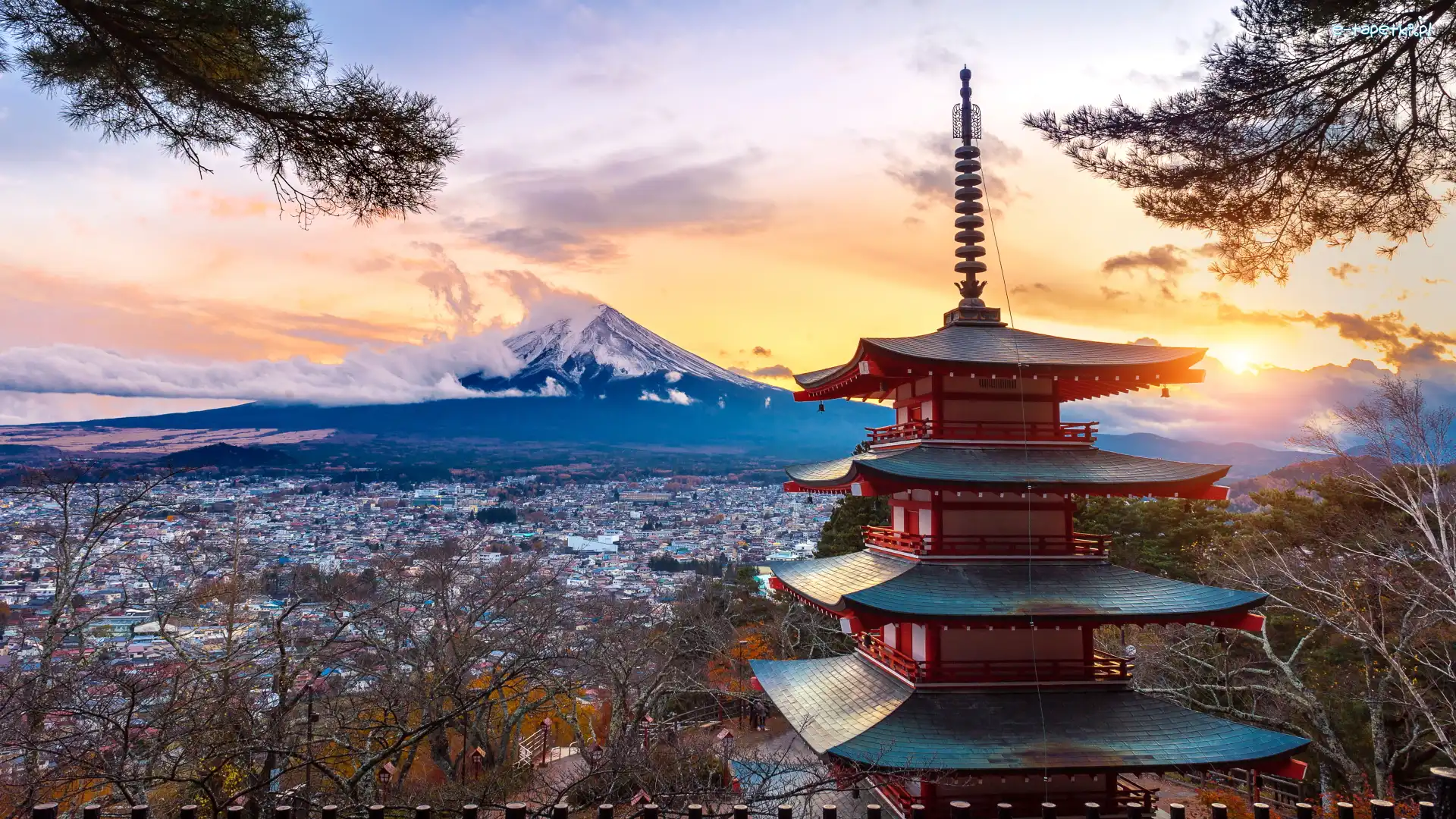 Miasto Fujiyoshida, Mount Fuji, Góra, Chureito Pagoda, Świątynia, Japonia, Wyspa Honsiu, Fudżi, Prefektura Yamanashi