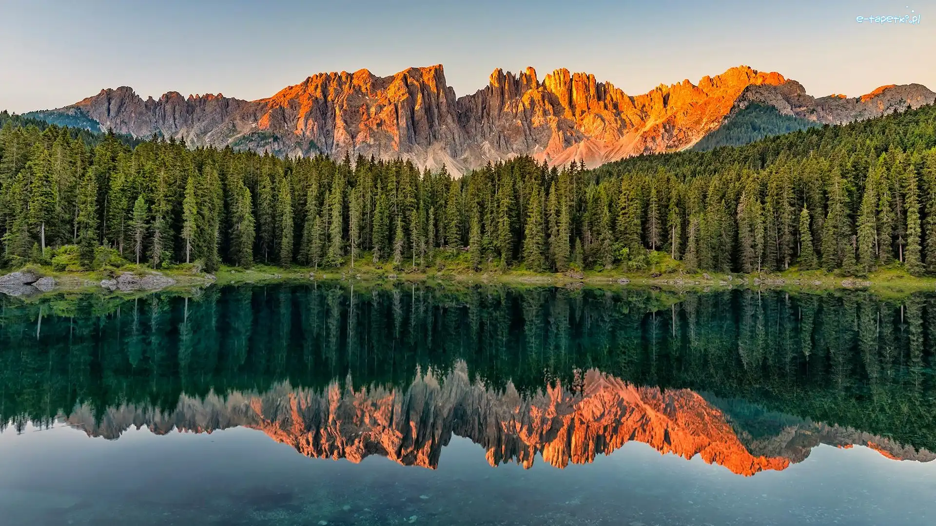 Las, Dolomity, Góry, Lago di Carezza, Jezioro, Włochy, Południowy Tyrol, Alpy, Drzewa
