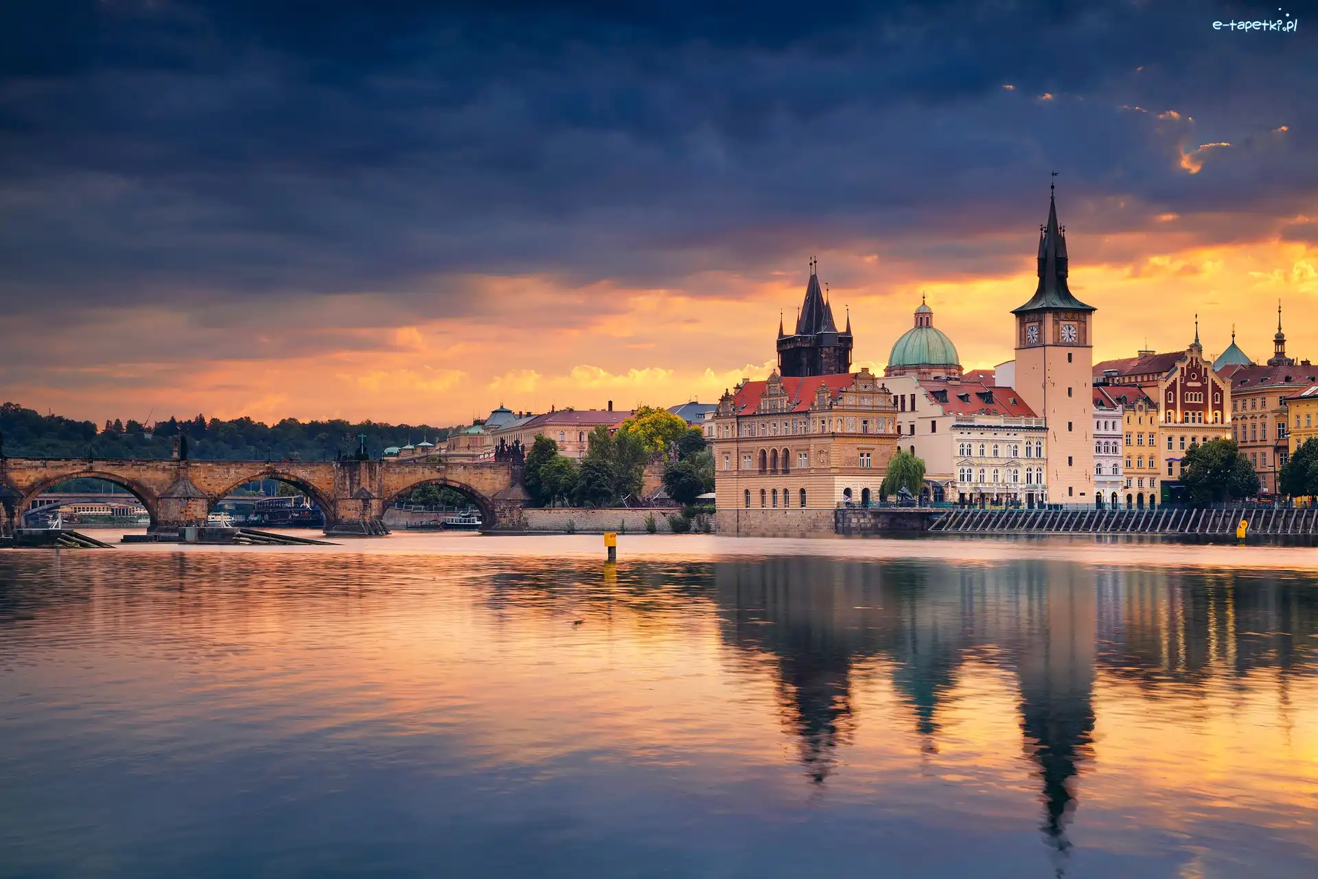 Czechy, Most Karola, Praga, Domy, Rzeka Wełtawa