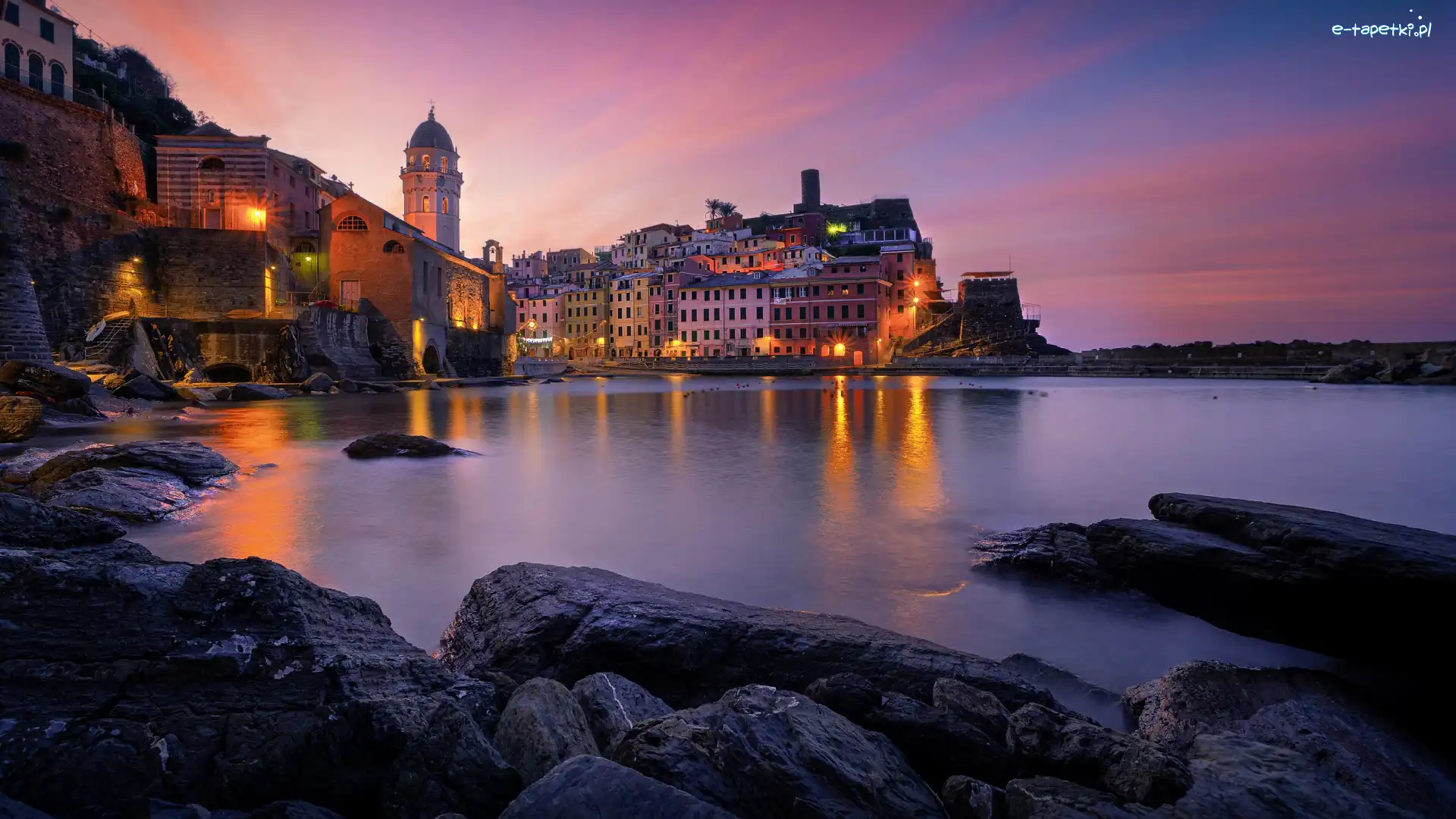 Włochy, Wybrzeże, Poranek, Morze Śródziemne, Domy, Vernazza, Wschód słońca