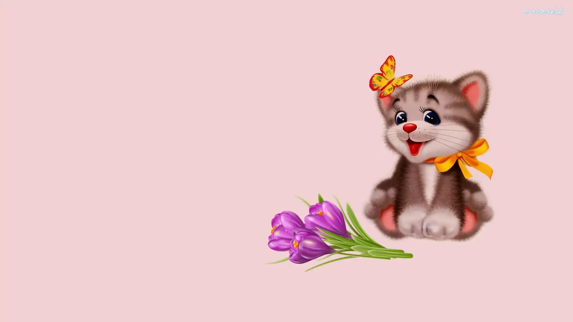 Grafika 2D, Kwiaty, Kotek, Motyl, Krokusy
