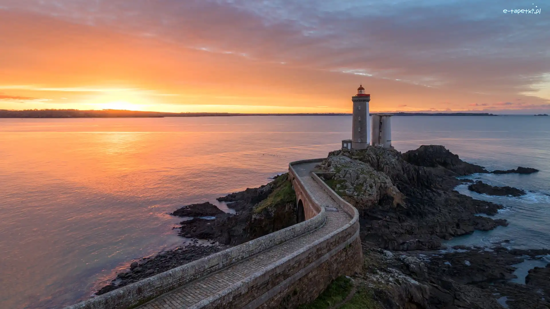 Most, Phare du Petit Minou, Wschód słońca, Kamienny, Bretania, Francja, Morze, Latarnia morska, Gmina Plouzane, Skały