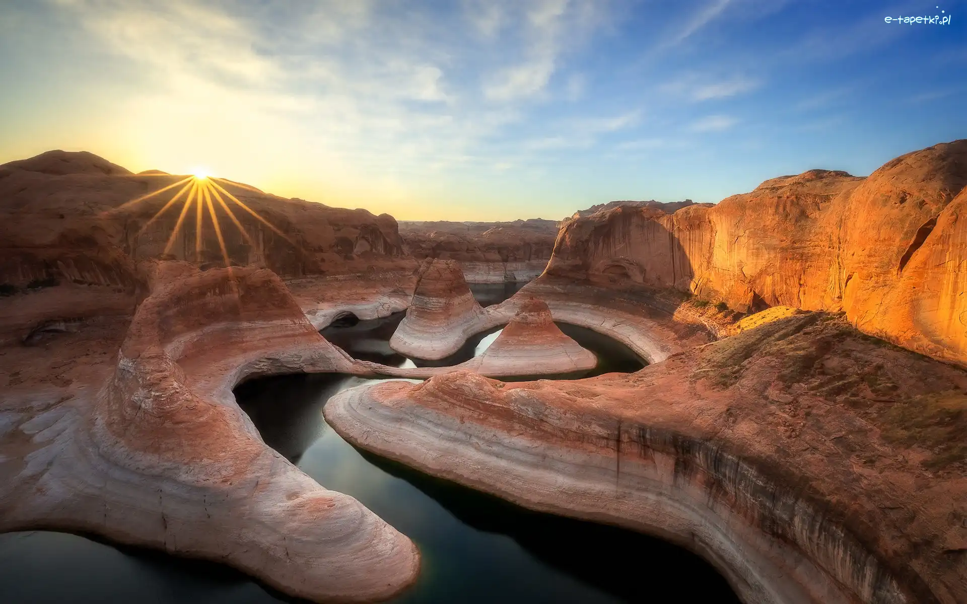 Promienie słońca, Kanion Glen, Jezioro, Arizona, Stany Zjednoczone, Skały, Powell Lake