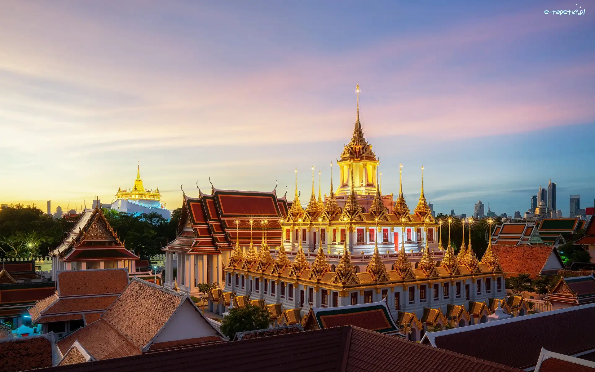 Niebo, Świątynia, Wat Ratchantdarm, Bangkok, Tajlandia, Oświetlenia, Wieczór