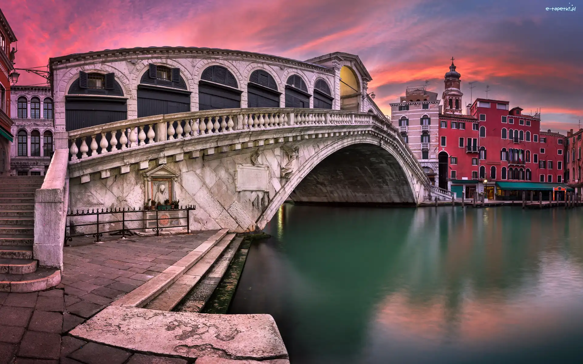 Domy, Zachód słońca, Canal Grande, Wenecja, Włochy, Rialto Bridge, Most