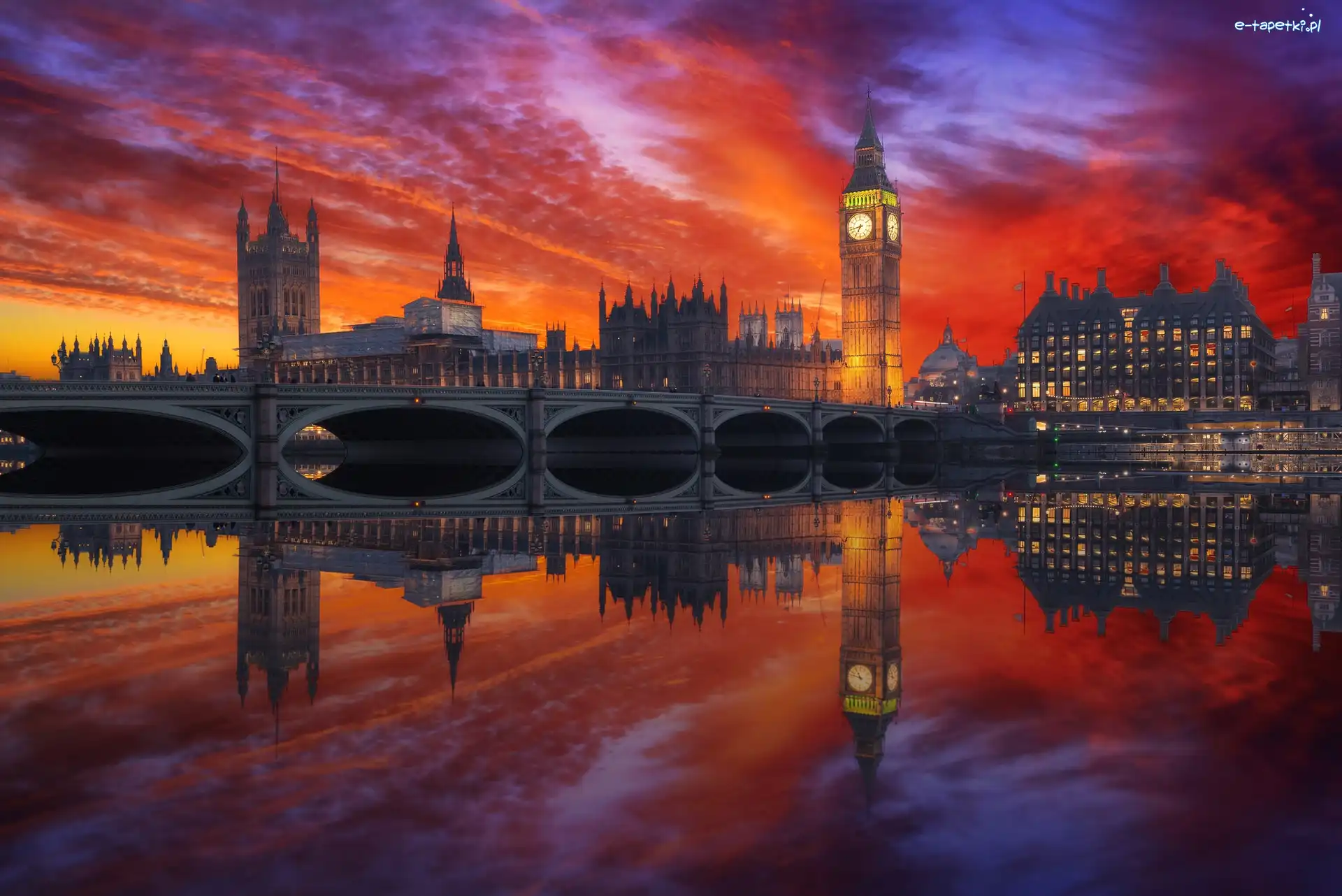 Most, Anglia, Rzeka Tamiza, Zachód słońca, Londyn, Westminster, Big Ben, Wielka Brytania
