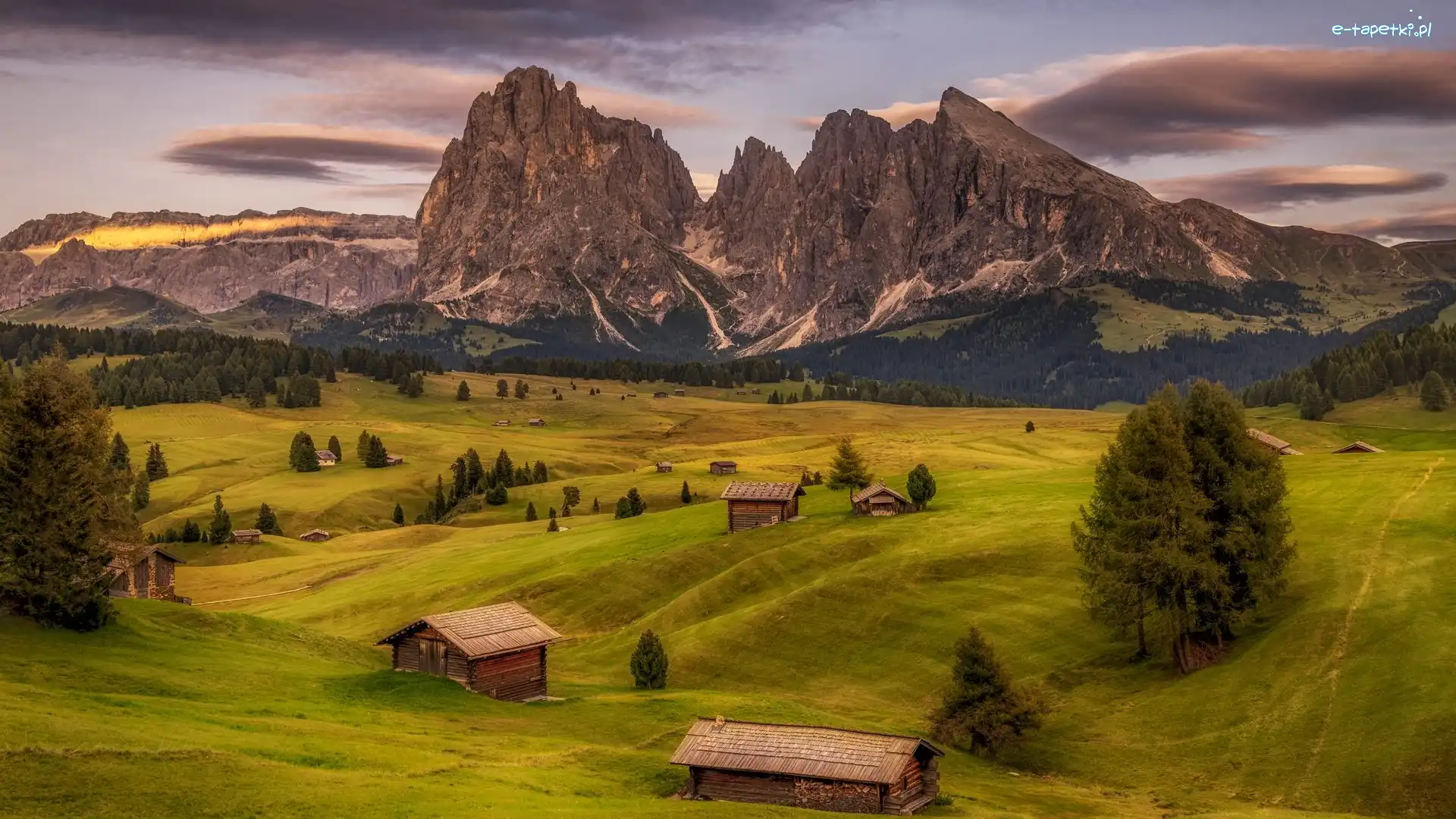 Seiser Alm, Sassolungo, Góry, Drzewa, Drewniane, Domy, Płaskowyż, Chmury, Val Gardena, Włochy, Dolina, Dolomity