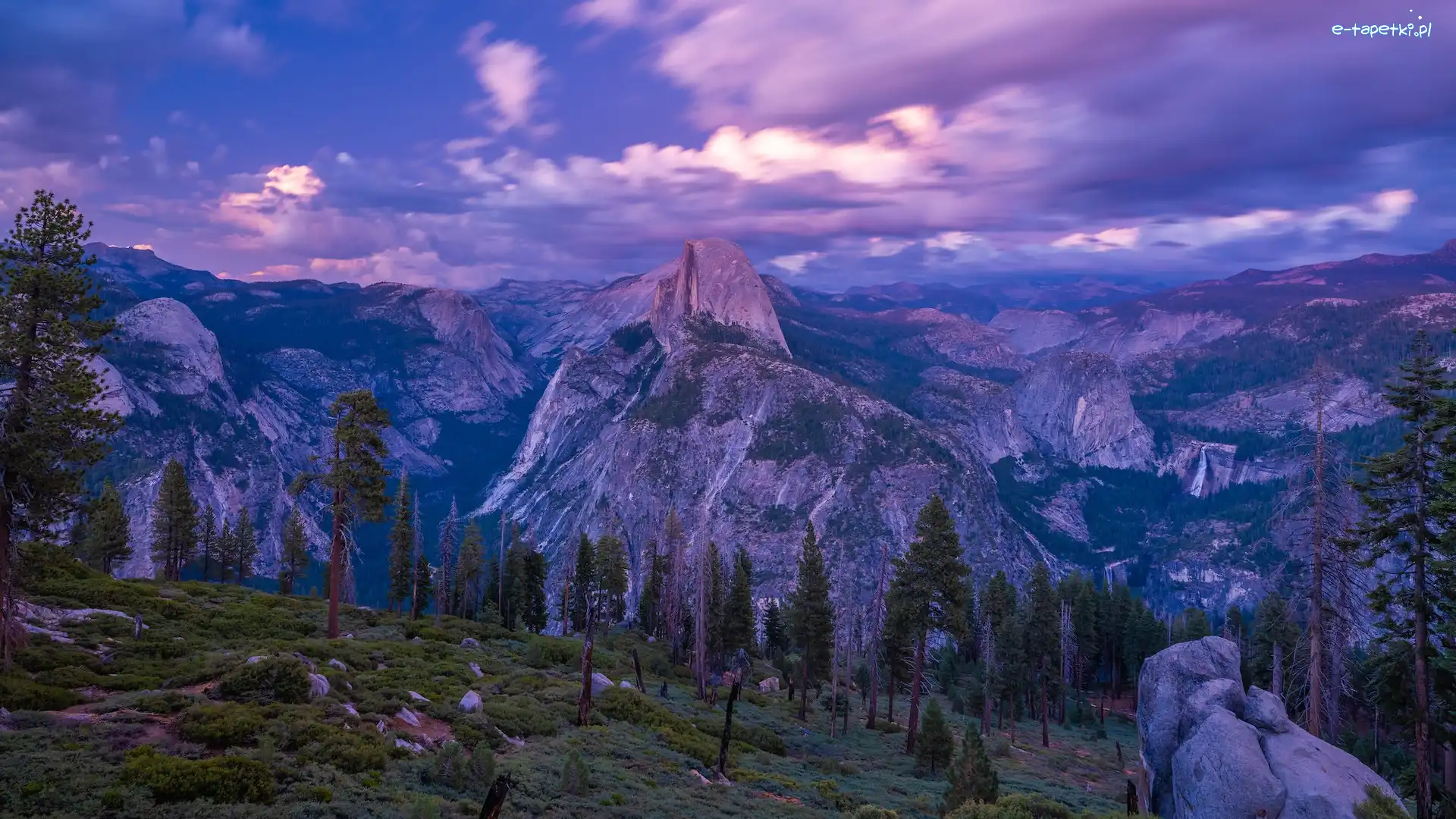 Drzewa, Glacier Point, Stany Zjednoczone, Kalifornia, Góry, Zachód słońca, Park Narodowy Yosemite, Punkt widokowy